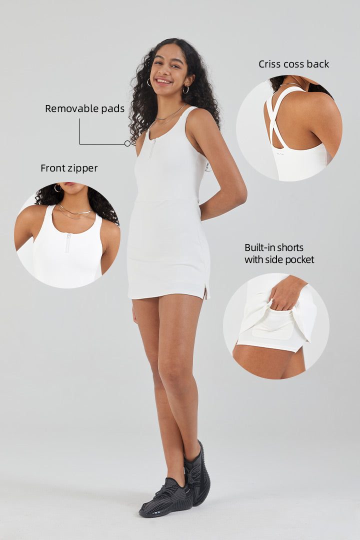 HiTense™ Women's 1/4 Zipper Cross Back Tennis Dress with Built-in Shorts - Breathable Athletic Skirt for Tennis, Pickleball & Workout - Perfect for Court Sports & Gym Training