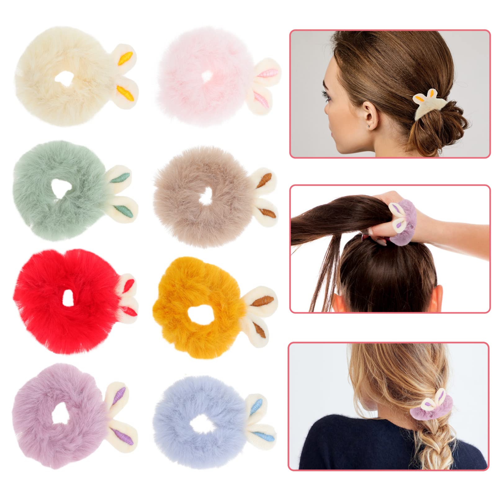 Beaupretty 8-Piece Elastic Hair Bands - Cute Bunny Ear Scrunchies, Soft Plush Hair Ties for Women & Girls - Perfect for Ponytails, School, Work & Everyday Use