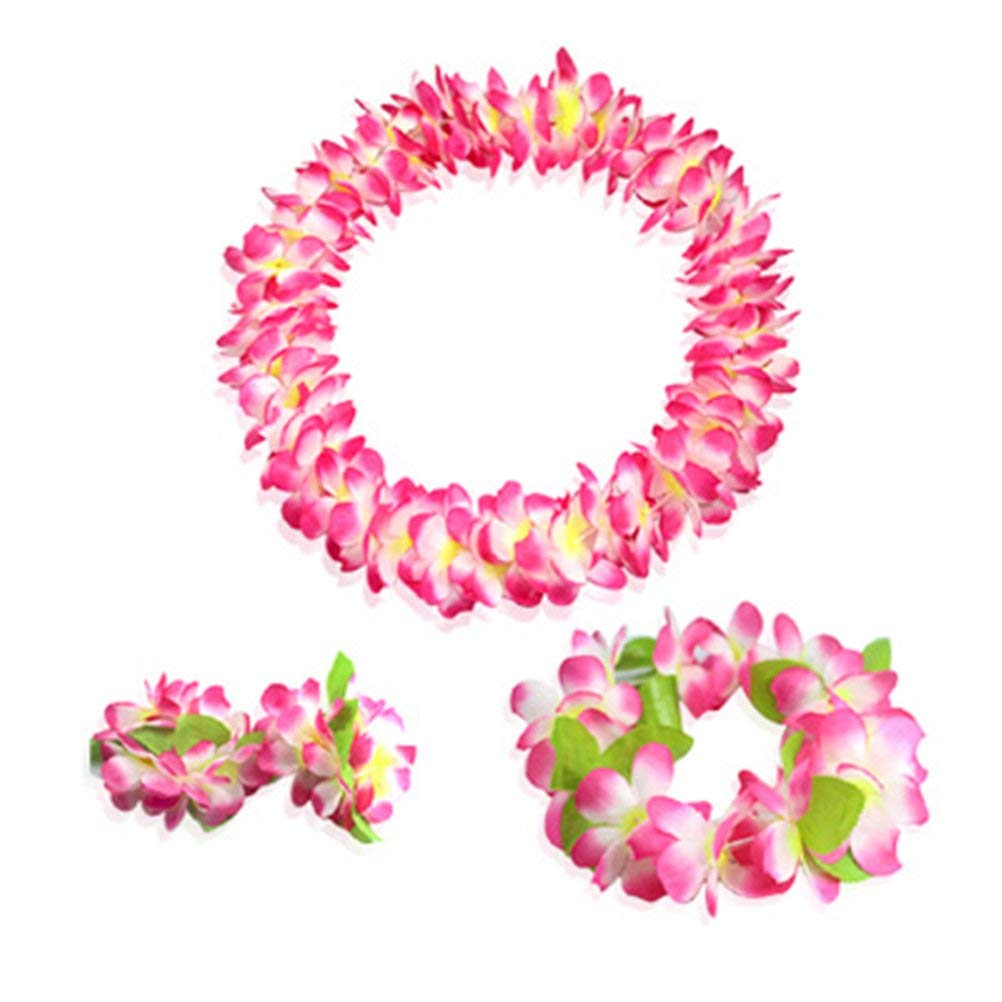 Hawaiian Flower Leis Jumbo Necklace Bracelet Headband Set - Pink Tropical Luau Party Decorations for Hawaiian Themed Parties, Beach Weddings, Graduations & Summer Festivals