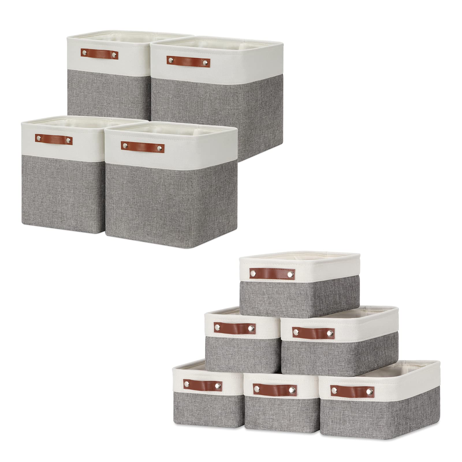 DULLEMELO Foldable Storage Baskets Set - 4 Large 12x12x12 Inch Cube Bins & 6 Small 11.8x7.9x5.1 Inch Organizer Baskets (White & Grey) | Space-Saving Closet, Nursery, Bathroom & Office Organization Solution