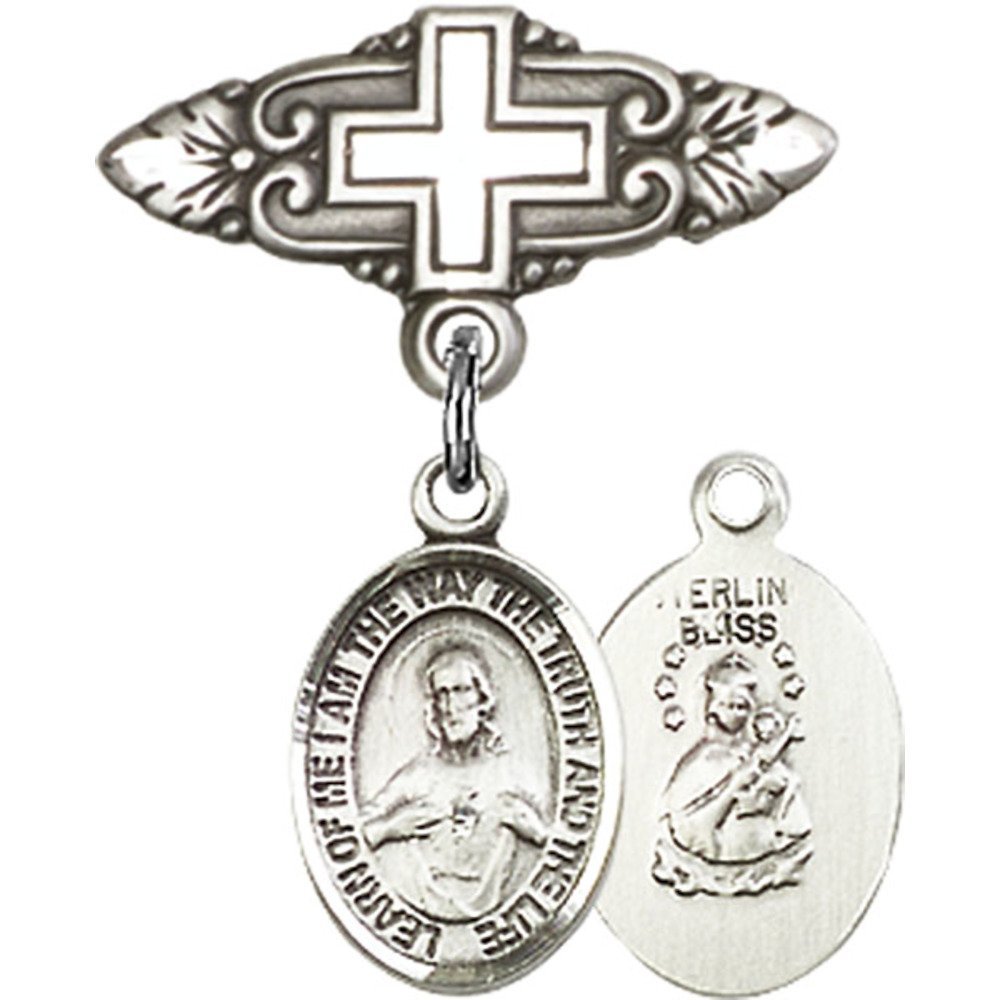 Sterling Silver Baby Badge with Scapular Charm & Cross Pin - 1
