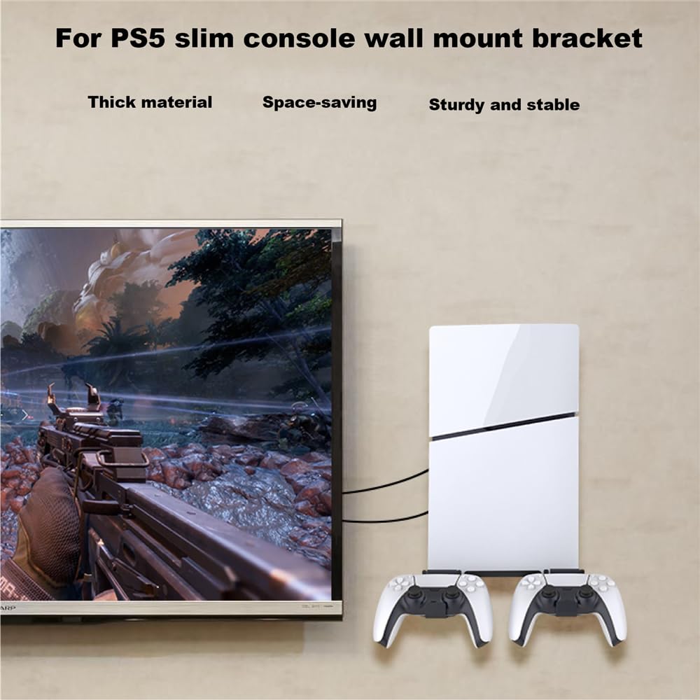 PS5 Wall Mount Bracket for PS5 Slim Console & Controller - Space Saving Storage Holder for Gaming Room, Living Room, and Bedroom