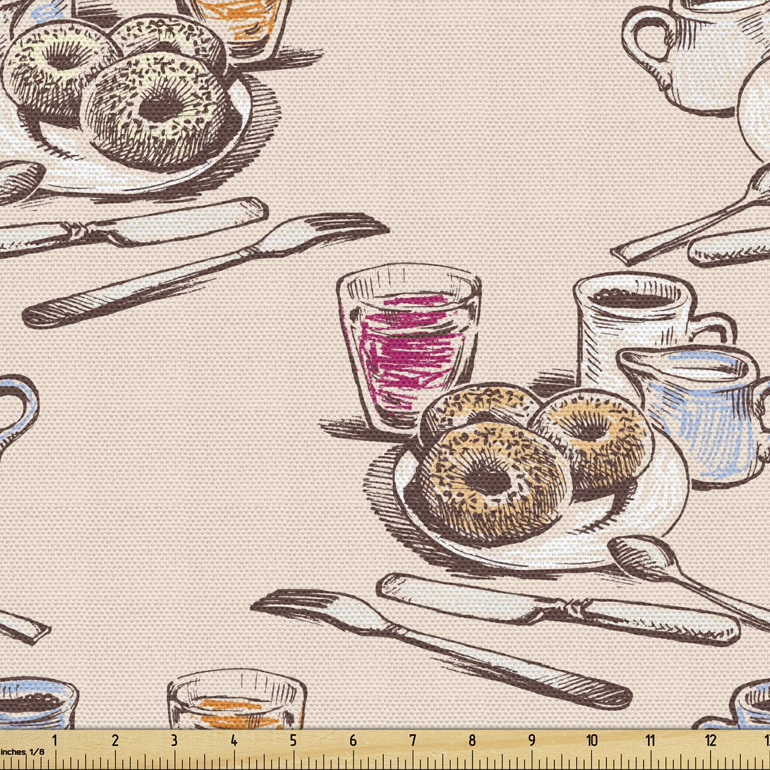 Ambesonne Coffee Donuts & Juices Themed Breakfast Fabric by The Yard - 10 Yards Beige Brown Decorative Upholstery Material for Kitchen Curtains, Table Runners & Home Decor - Perfect for Morning Routine & Cooking Themed Interior Design