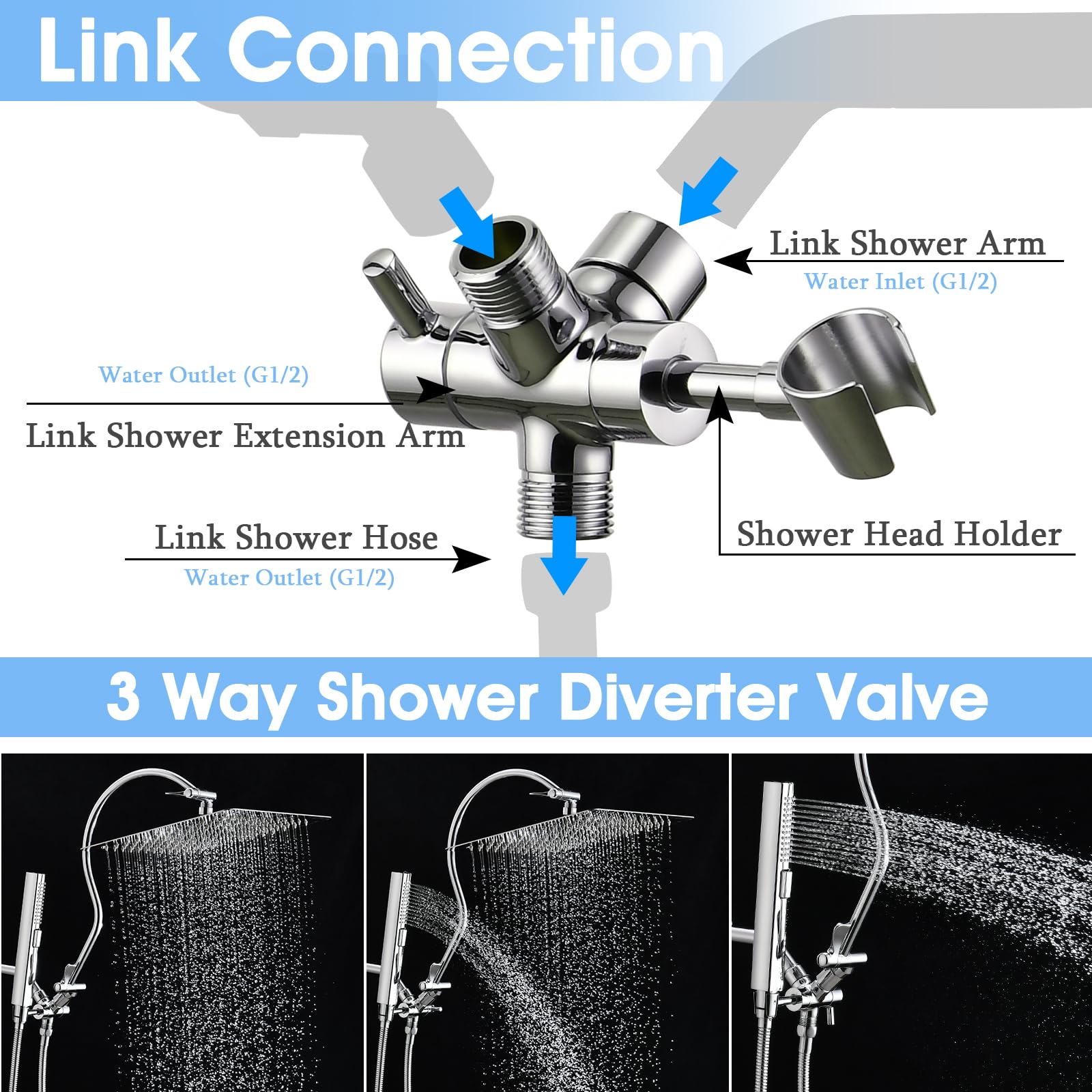 **PDPBath 3-Way Shower Arm Diverter with Handheld Holder - Universal G1/2 Brass Shower Valve for Hand Shower Hose & Extension Arm - Chrome Finish - Perfect for Bathroom Upgrades & Spa-Like Showers**