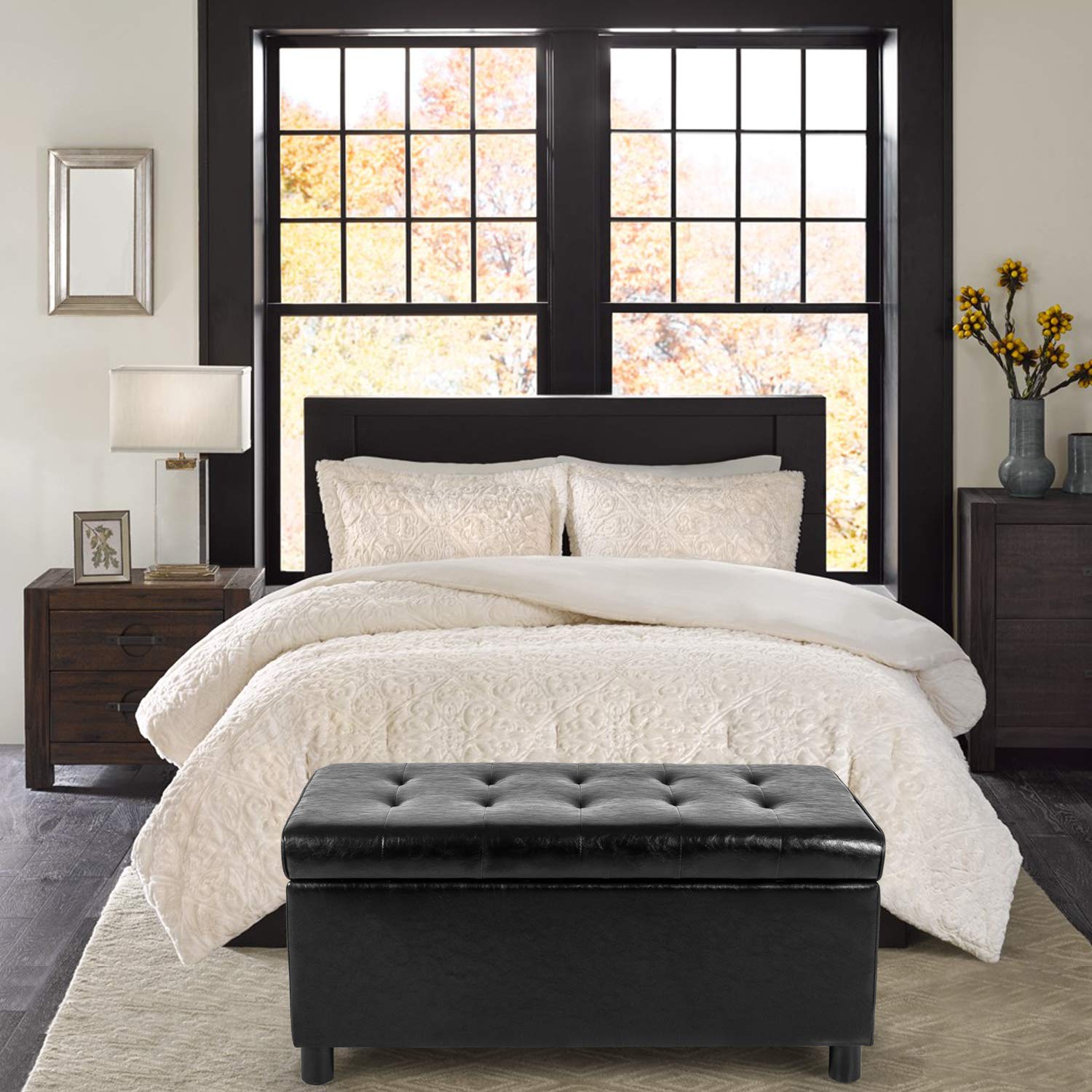 Adeco Storage Ottoman Bench - Classic Rectangular Faux Leather Storage Footrest - Large Black Ottoman with Hidden Storage Compartment | Perfect for Living Room, Bedroom & Entryway Organization