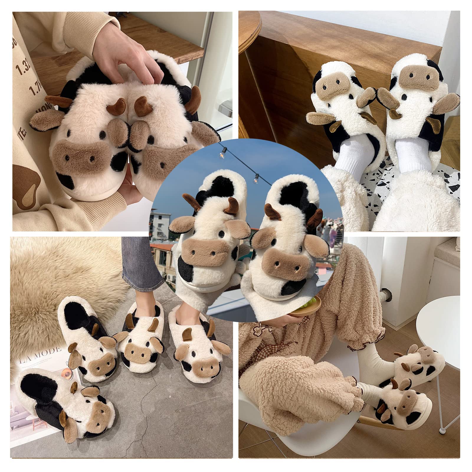 Tptoes Cartoon Cow Cotton Slippers - Cute Fuzzy Cow House Shoes for Women & Men, Warm Non-Slip Indoor/Outdoor Winter Slippers - Perfect for Home, Office & Casual Wear