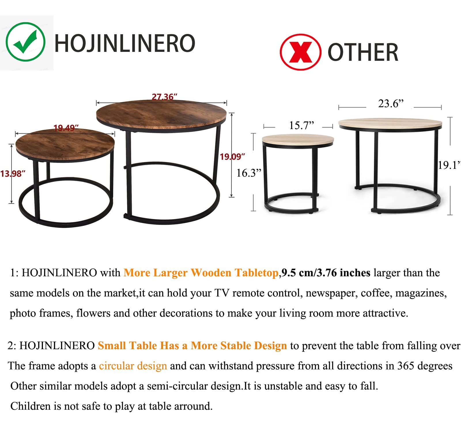 Industrial Round Coffee Table Set of 2 - Wood Look End Tables with Metal Frame for Living Room - Stackable Side Tables, Sturdy & Easy Assembly - Black & Rustic Brown - Perfect for Small Spaces, Home Decor, and Modern Interior Design