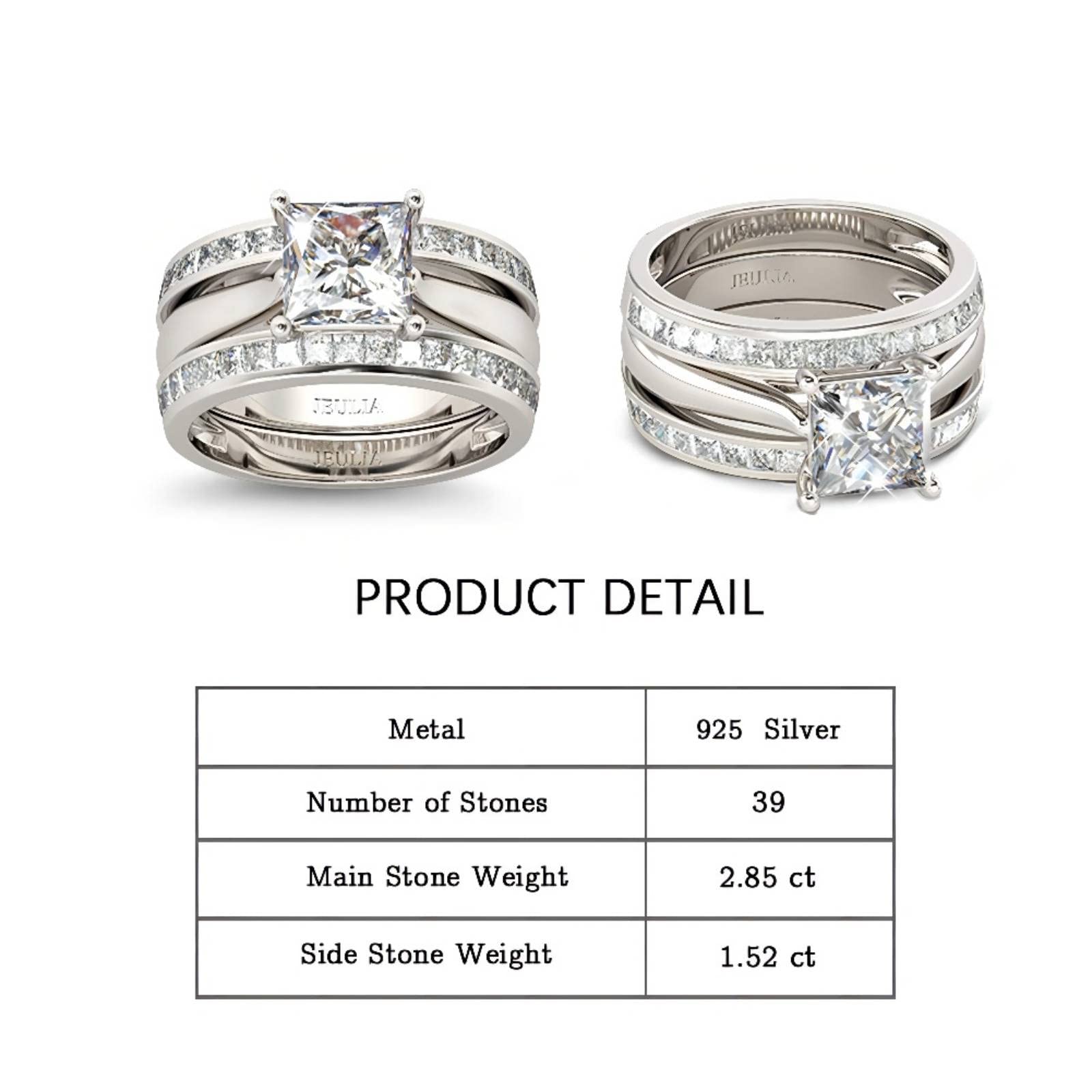 Jeulia 4.37 Carat Princess Cut Cubic Zirconia Engagement Ring & Wedding Band Set for Women - Sterling Silver CZ Solitaire Bridal Promise Rings - Perfect for Anniversaries, Proposals & Special Occasions