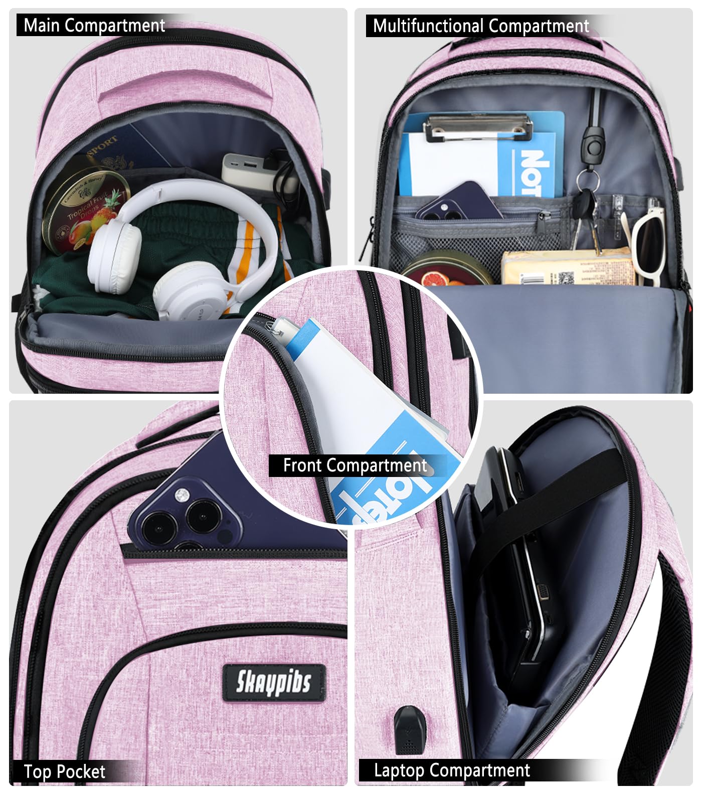 **Pink Women's Backpack with USB Charging Port - Stylish School & College Bookbag for Girls & Teens - Fits 15.6 Inch Laptop - Perfect for High School, Work, Business & Travel**