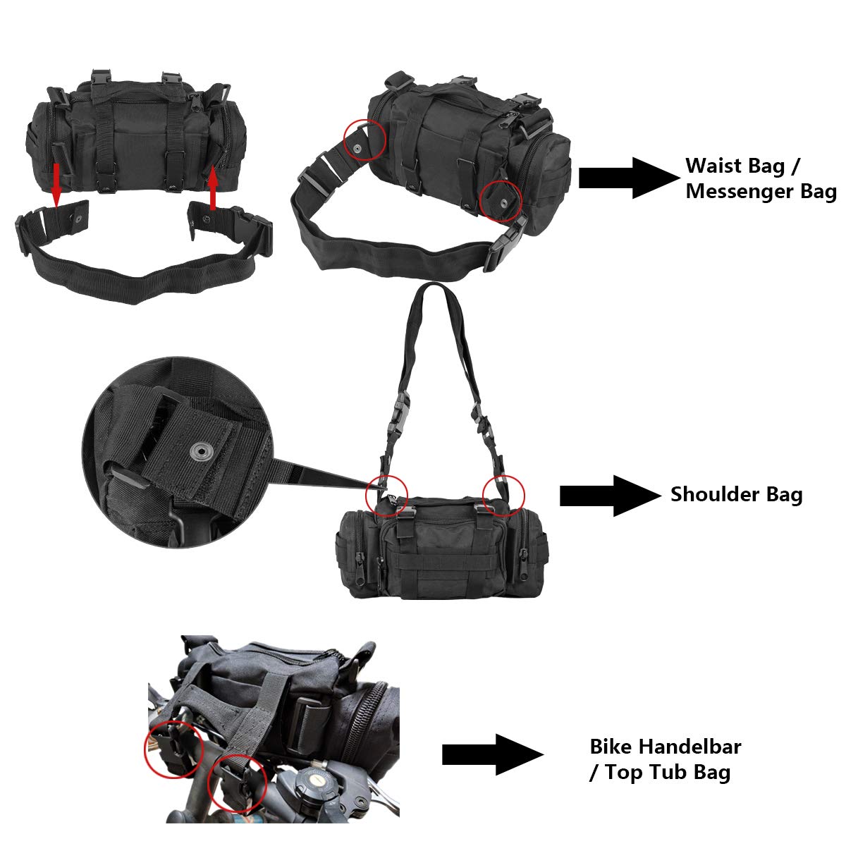 BraveHawk OUTDOORS Bike Handlebar Bag - Waterproof 900D Nylon Oxford Cycling Pack for Bicycle Accessories, Multi-Purpose Waist Bag (Black) - Perfect for Commuting, Mountain Biking & Outdoor Adventures
