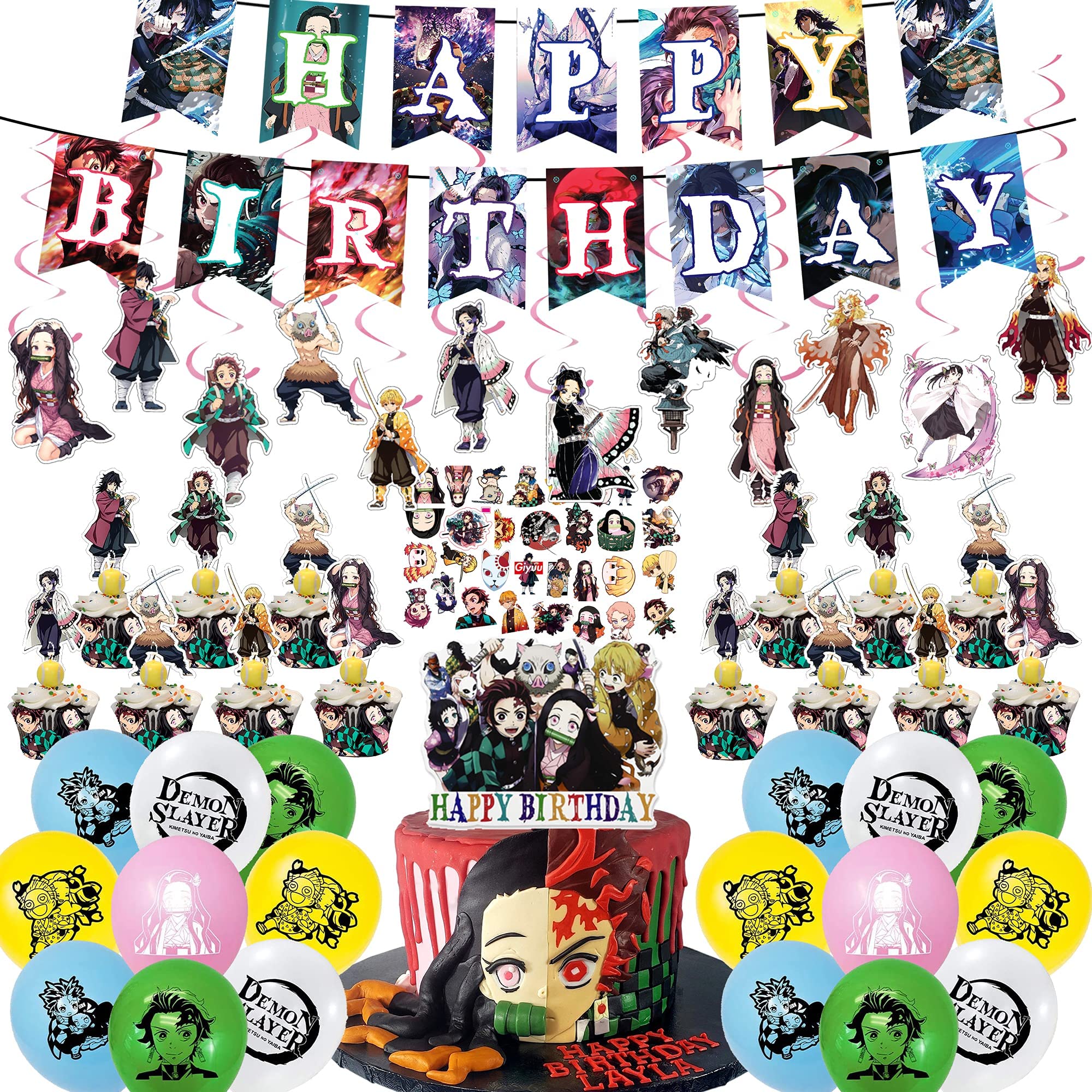 108 Pcs Demon Slayer Anime Birthday Party Decorations Set - Happy Birthday Banner, Cake Toppers, Cupcake Toppers, Balloons, Stickers & Hanging Swirls - Perfect for Anime Themed Birthday Celebrations, Cosplay Events and Fan Gatherings