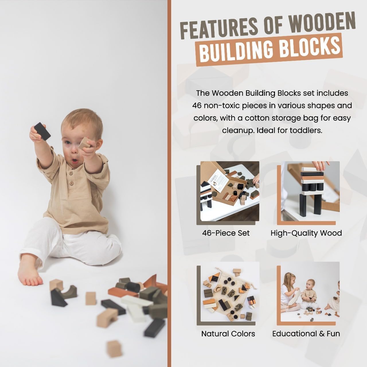 46 Pieces Wooden Building Blocks for Toddlers 1-3 - Kids Stacking Blocks with Assorted Shapes, Durable Wood Blocks for Creative Play, Perfect for Preschool Learning and Family Bonding Activities