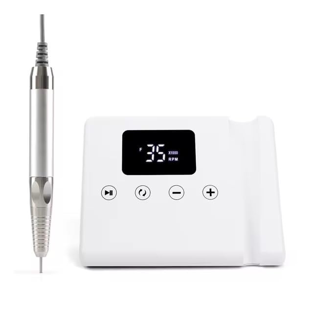 Professional E-File Nail Drill Machine - 35000 RPM Portable Electric Nail Sander with Coreless Motor for Manicure & Pedicure | Desktop Use | White | Perfect for Home Salon, Nail Techs & DIY Nail Care