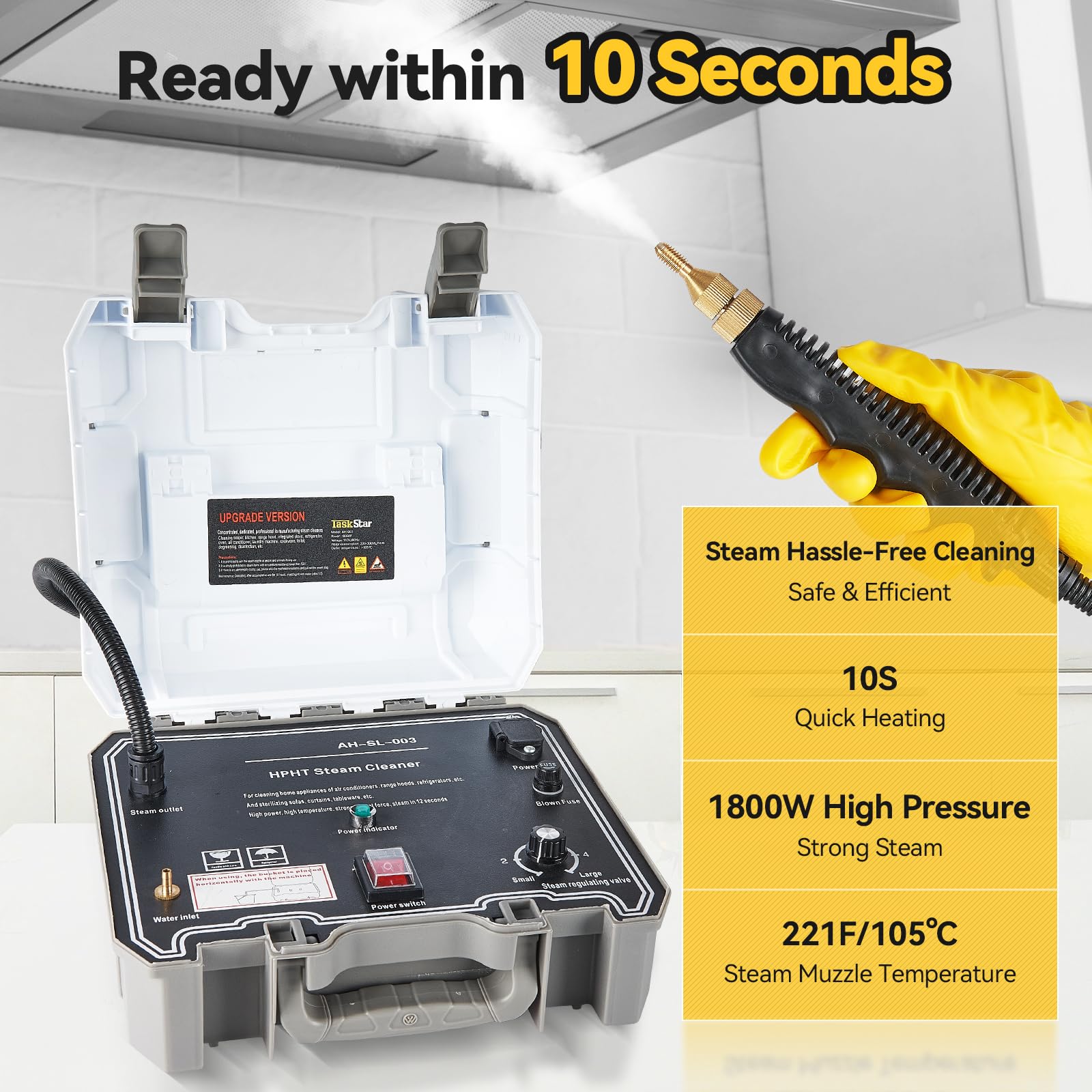 TaskStar 1800W Handheld High Pressure Steam Cleaner with 5 Brush Heads - Portable Heavy Duty Steamer for Grout, Tile, Car Detailing & Home Cleaning - Fast Heating 110V Steam Cleaner for Kitchen, Bathroom, Auto Interior & Outdoor Use