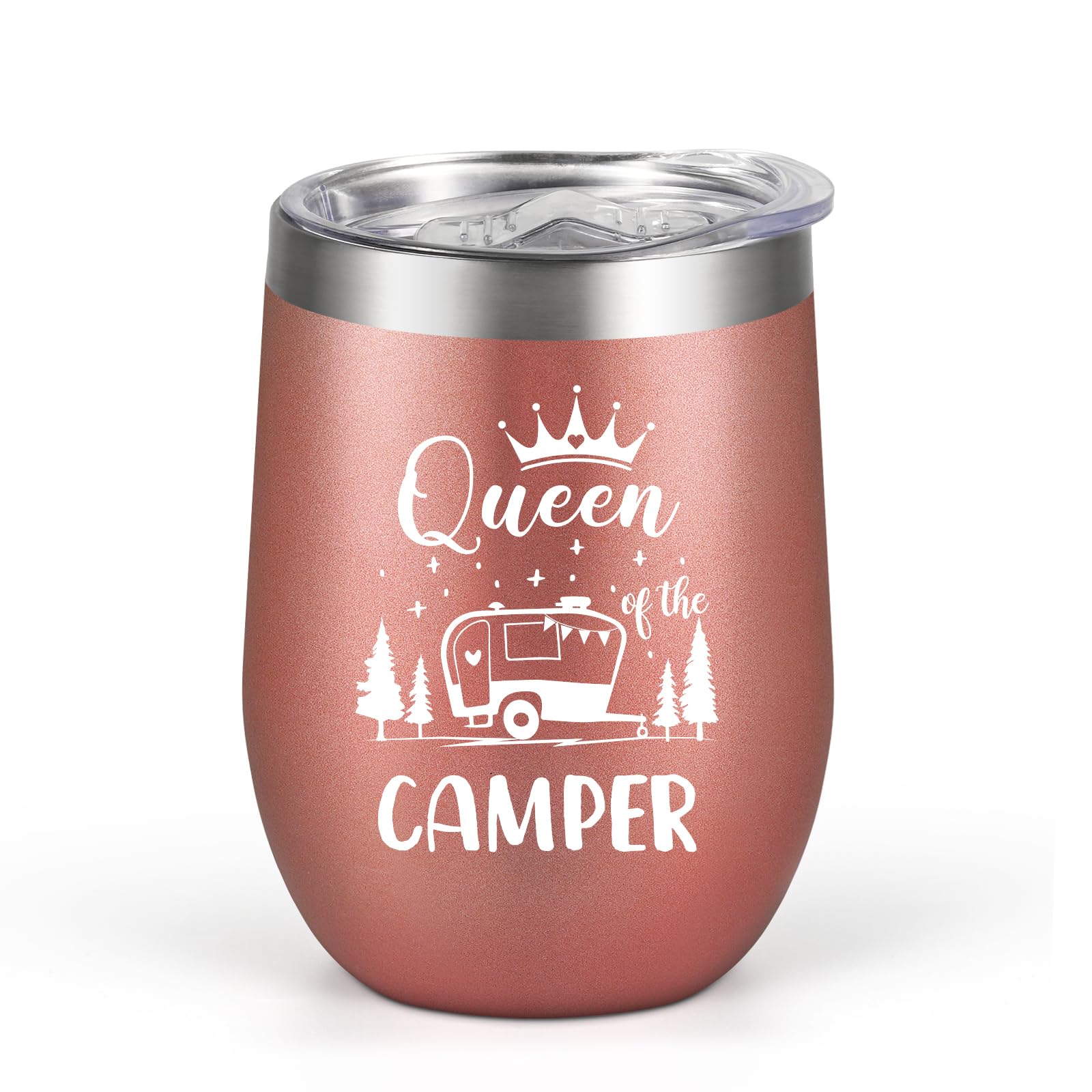 **Lifecapido 12oz Insulated Wine Tumbler - Queen of The Camper - Rose Gold Stainless Steel Travel Mug for Hot & Cold Drinks - Perfect Christmas, Birthday Gift for Women, Mom, Friends, Boss - Ideal for Camping, Hiking, Travel & Outdoor Adventures**