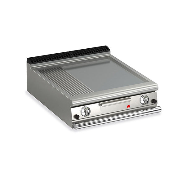 Baron 2 Burner Gas Fry Top with 2/3 Smooth & 1/3 Ribbed Mild Steel Plate - 700mm Depth Q70FT/G820 - Ideal for Commercial Kitchens, Restaurants, and Outdoor Cooking