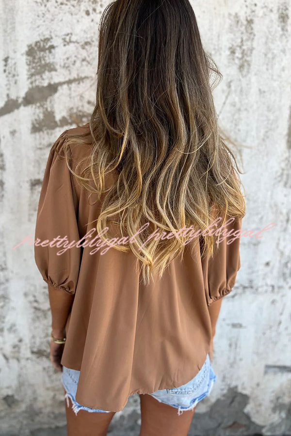 Solid Color Round Neck Button Pleated Short Sleeve Casual Shirt for Women - Summer Office Wear & Weekend Outfits