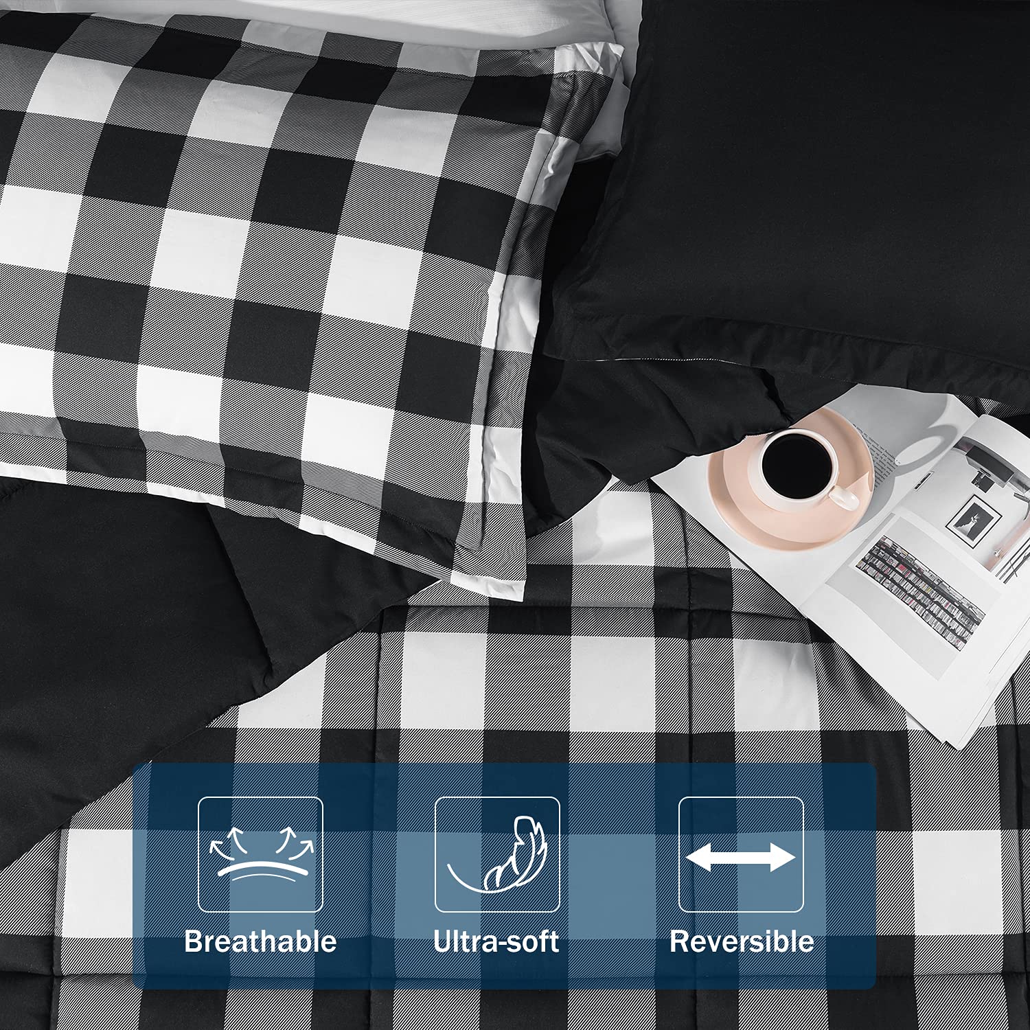 Premium Lightweight Plaid Comforter Set King Size - 3 Piece Reversible Down Alternative Bedding with 2 Pillow Shams - Black White Checkered Pattern - Cozy All-Season Luxury Bed Set for Master Bedroom, Guest Room & Dorm Decor