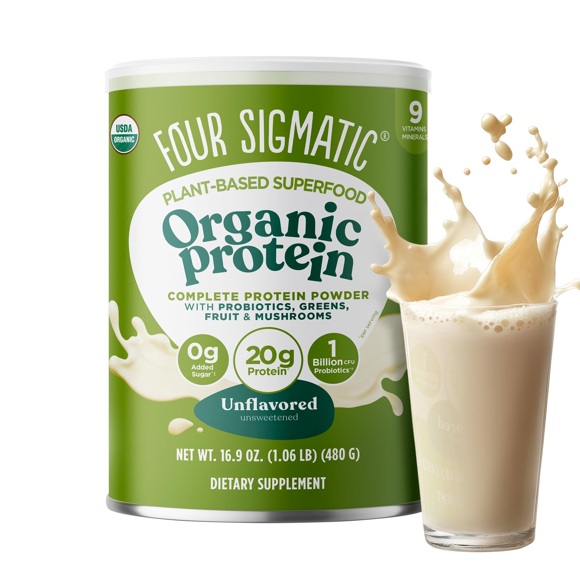 Four Sigmatic Organic Plant-Based Protein Powder - Unflavored Vegan Protein with Lion’s Mane, Chaga & Cordyceps Mushrooms | Brain Function & Immune Support Supplement | 16.9 oz | Ideal for Smoothies, Post-Workout Recovery & Healthy Meal Replacement
