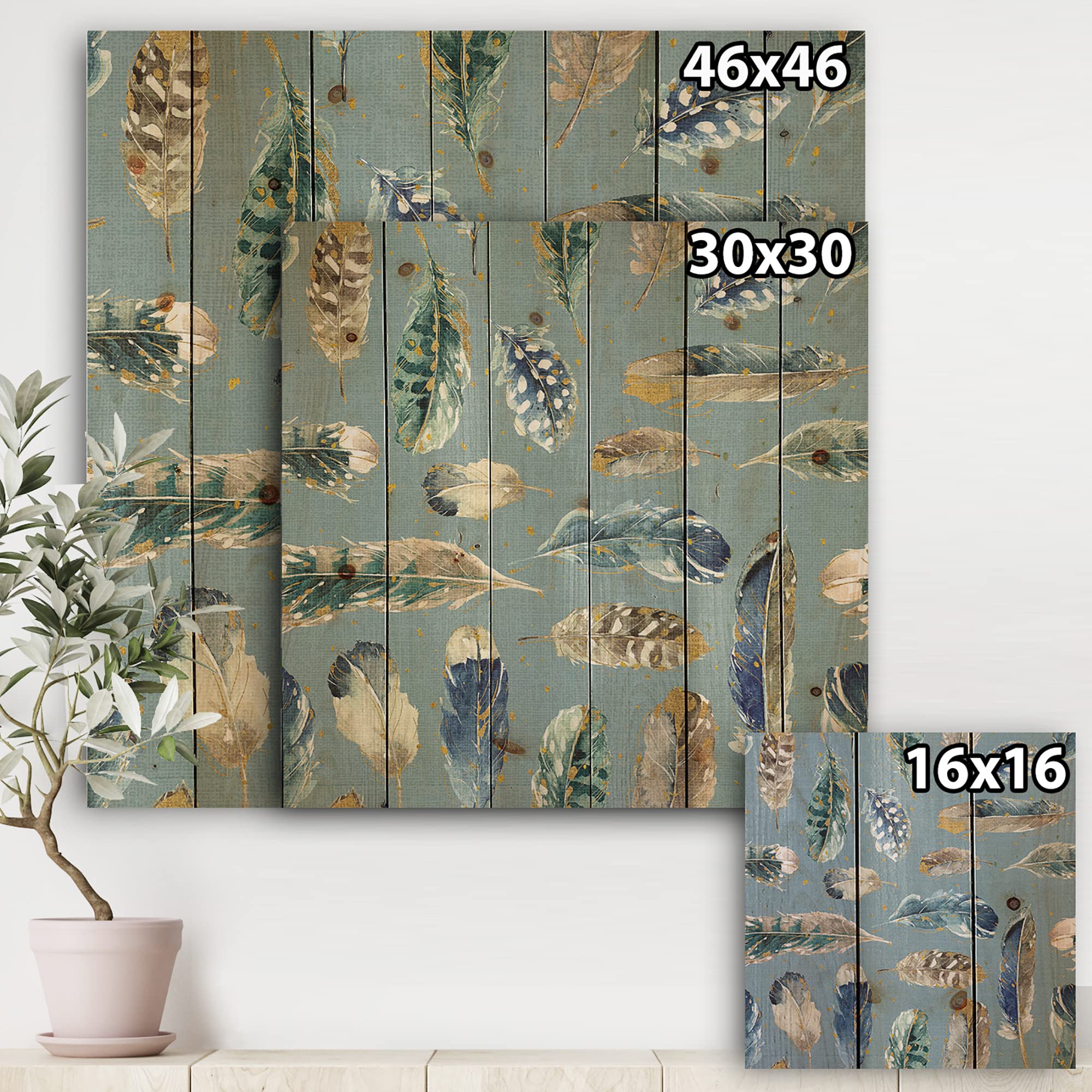DesignQ Indigold Feathers Turquoise Pattern Traditional Wood Wall Decor - Handcrafted Blue Wood Wall Art with Large Animal Prints on Natural Pine Wood - Perfect for Bohemian Home Decor, Living Room Accent Wall & Bedroom Wall Art