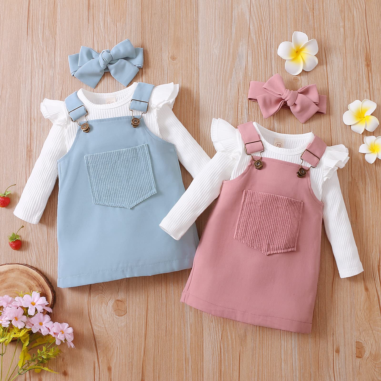 Kupretty Newborn Baby Girl Winter Outfit - Ribbed Romper with Ruffle Long Sleeves & Suspender Skirts Set + Headband | Cozy Fall & Winter Baby Clothes for Photoshoots, Holidays & Family Gatherings