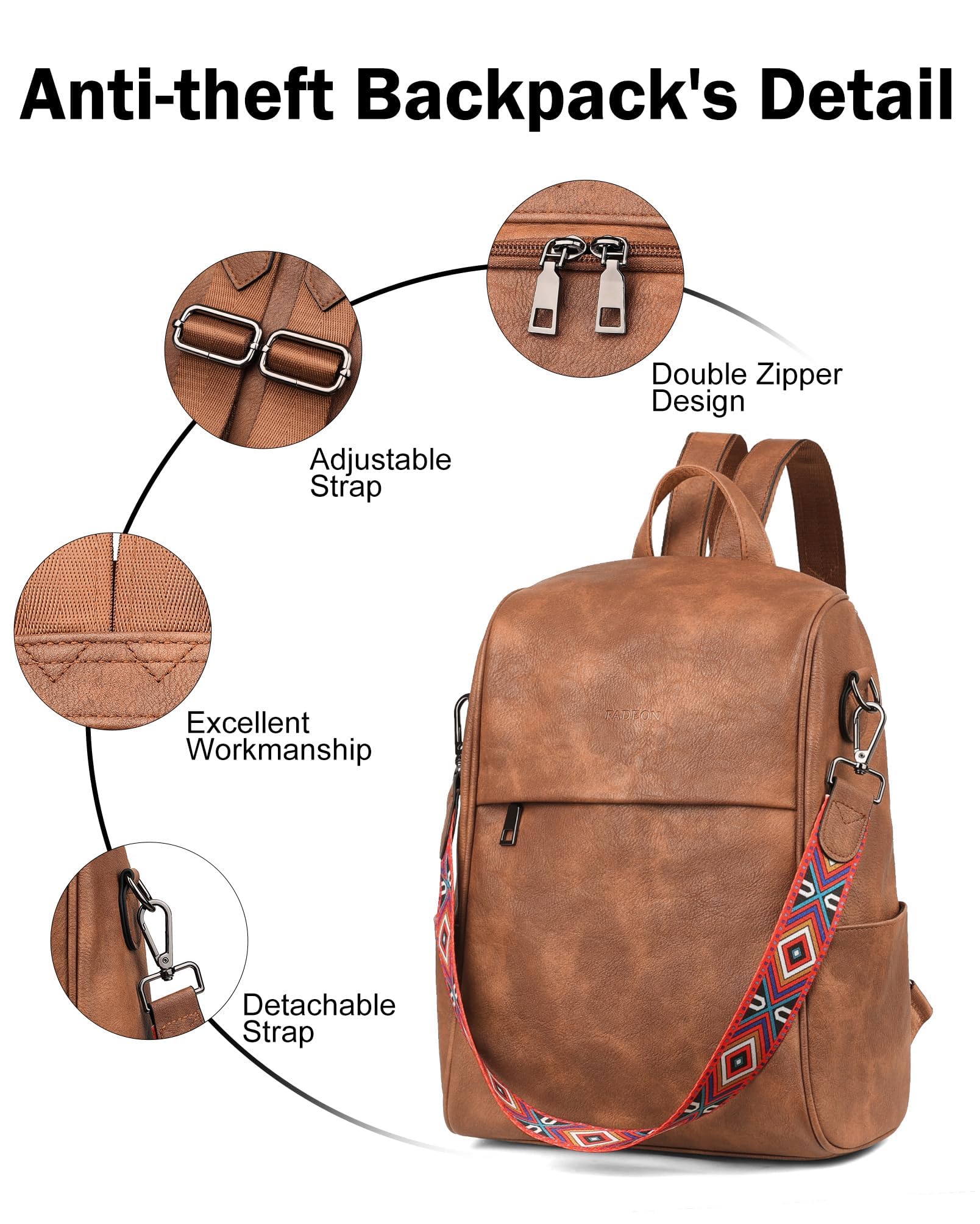 FADEON Anti Theft Backpack for Women - Stylish Faux Leather Laptop Backpack with Hidden Back Opening, Secure Work Bag & Travel Purse (Brown) - Perfect for Office, Commute & College Campus Use