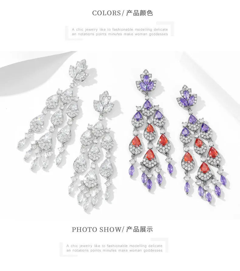 Sparkling Cubic Zirconia Long Dangle Tassel Earrings for Women - Elegant Wedding, Bridal Party & Evening Banquet Jewelry Accessories | Perfect for Prom, Gala & Special Occasions