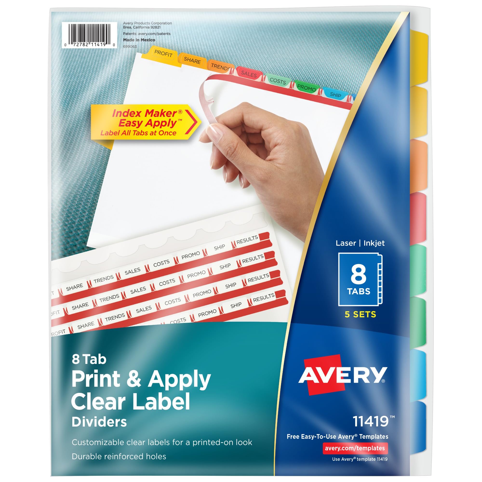 Avery 8-Tab Dividers for 3-Ring Binder - Printable Clear Label Strips, Customizable Multicolor Index Tabs, 5 Sets (11419) - Perfect for Office Organization, School Binders & Document Filing
