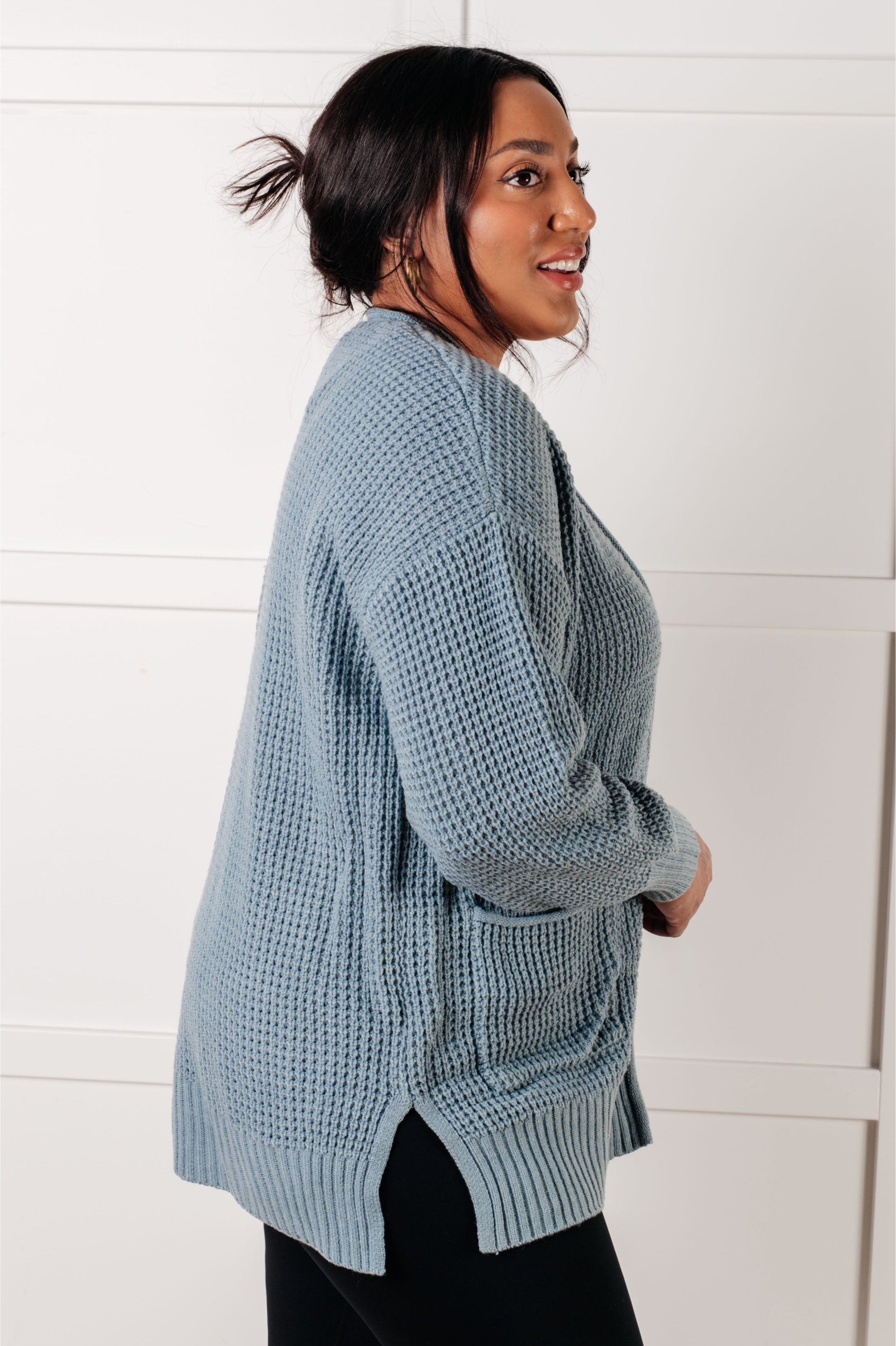 Blue Grey Waffle Knit Open Front Cardigan for Women - Cozy Layered Sweater for Fall & Winter | Perfect for Casual Outfits, Office Wear and Weekend Lounging