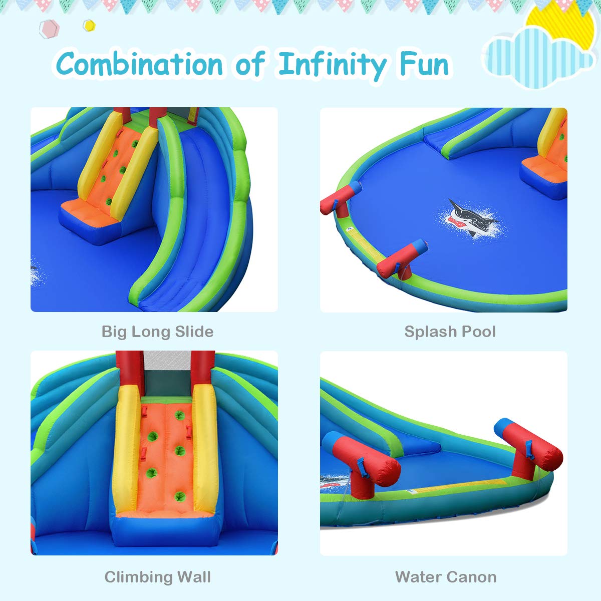 GOFLAME Inflatable Water Slide for Kids - Large Splash Pool, 2 Slides & 2 Water Cannons, Bounce House with Carry Bag, Stakes & Repair Kit (Includes 780W Air Blower) - Perfect for Backyard Parties, Summer Fun & Outdoor Family Activities