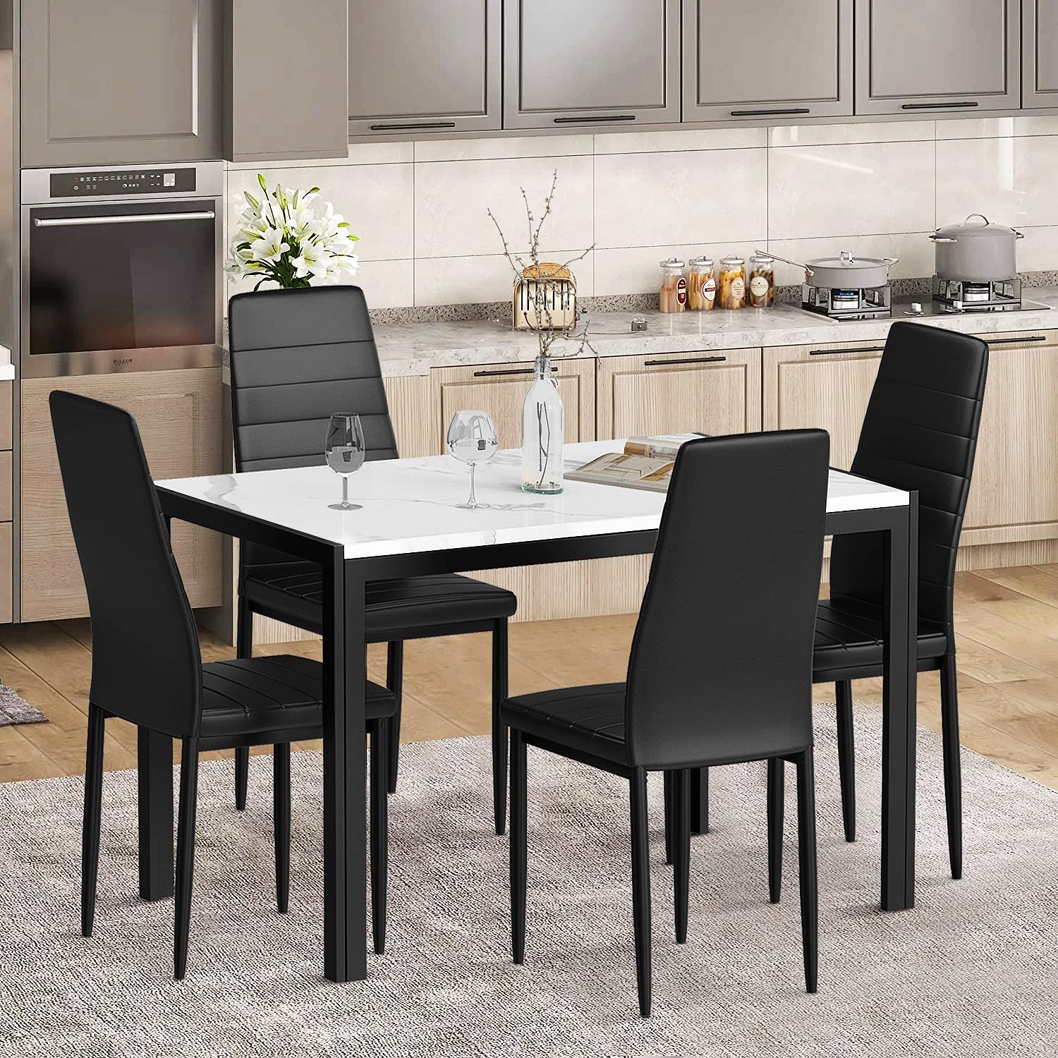 5-Piece Dining Table Set for 4 with Faux Marble Top & 4 PU Leather Chairs - Modern Kitchen & Dining Room Furniture for Small Spaces, Family Meals & Entertaining Guests