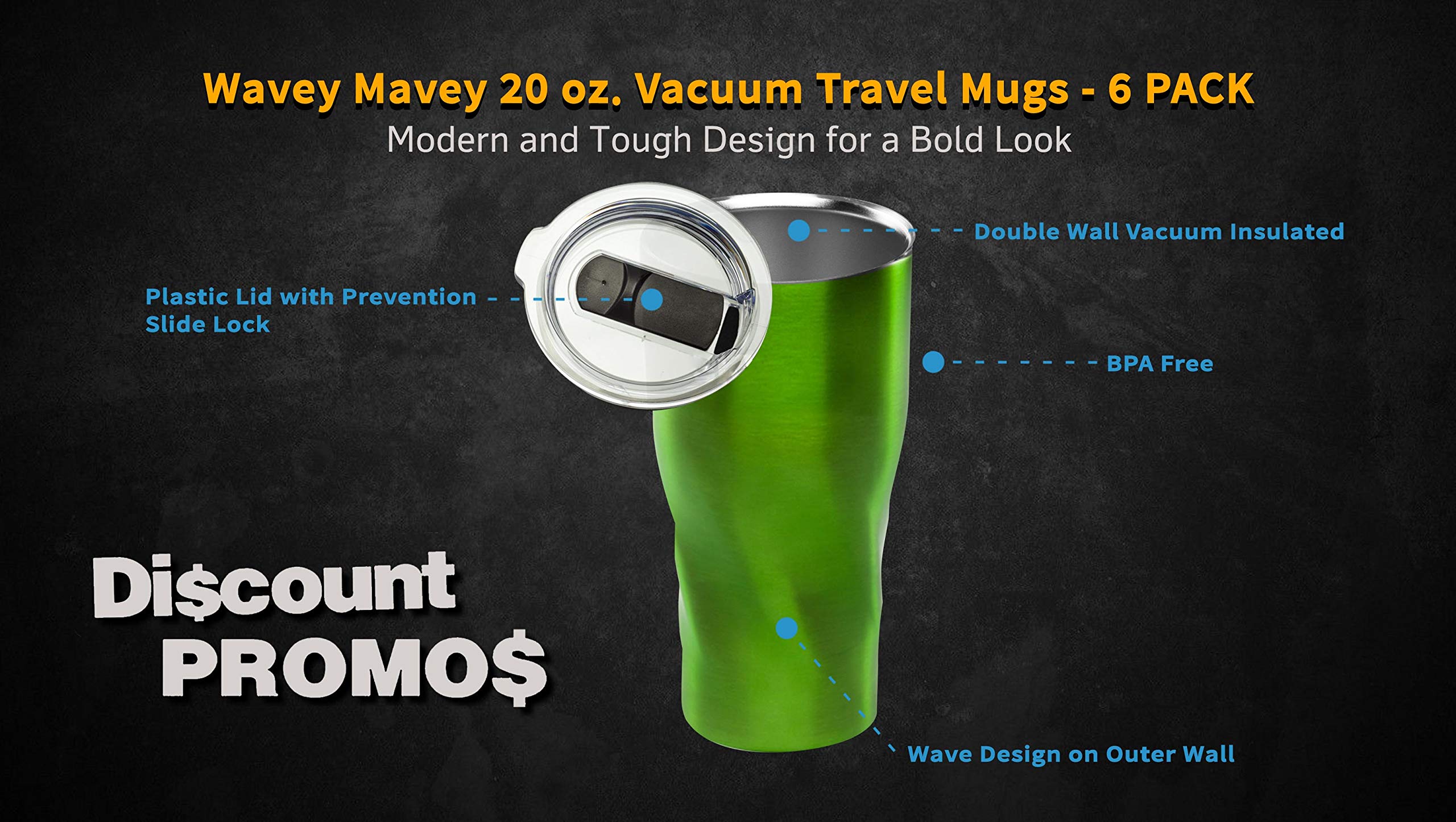 Wavey Mavey 20 oz Vacuum Insulated Travel Mugs 6-Pack - Green | Leak-Proof Stainless Steel Coffee Tumblers for Hot & Cold Drinks | Perfect for Commuting, Camping & Office Use