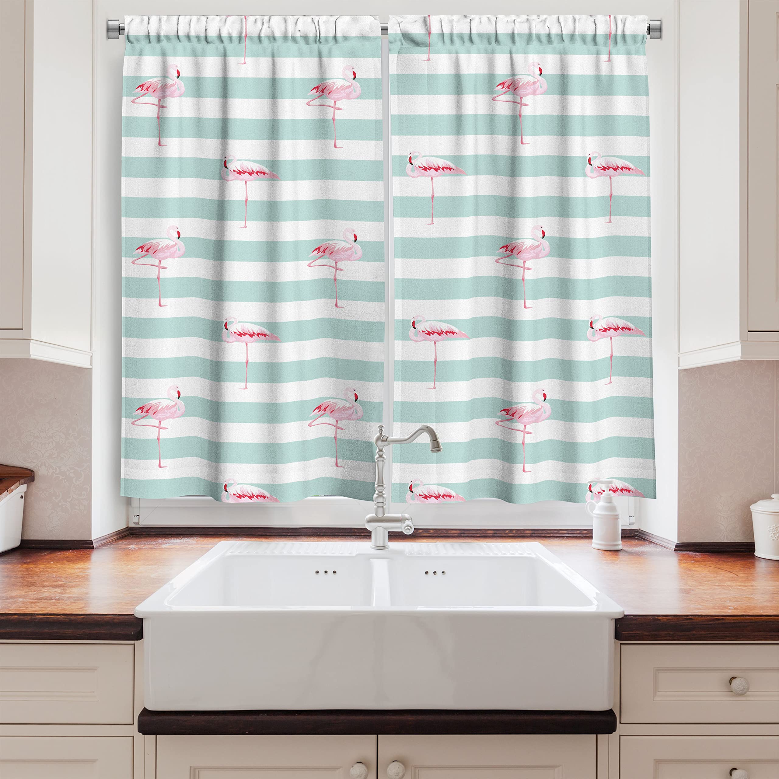 Ambesonne Modern Long Kitchen Curtains - Pink Flamingo Birds on Striped Tropical Background, 2 Panel Drapes with Rod Pocket, 55