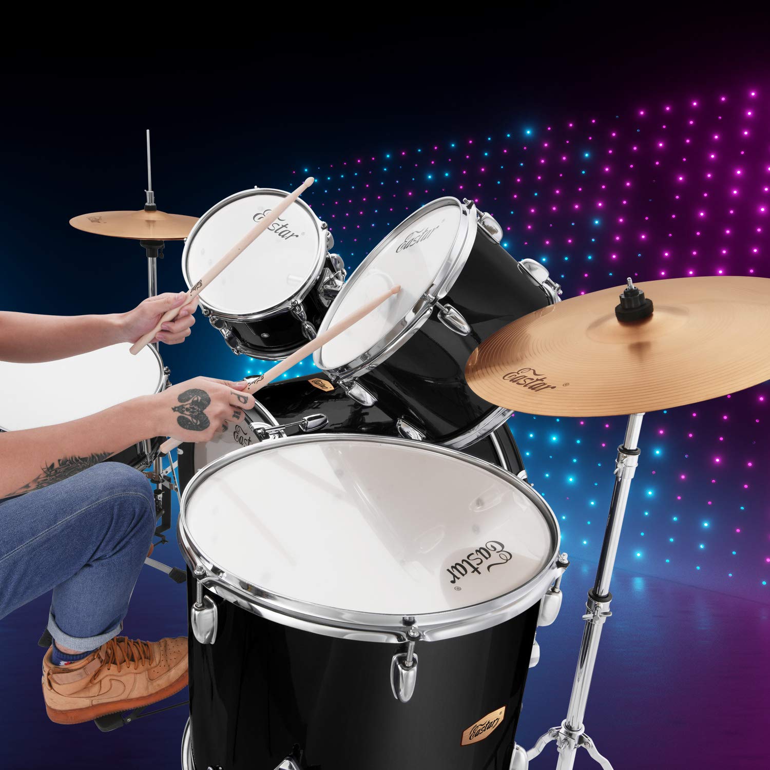 Eastar 22 Inch 5-Piece Full Size Drum Set for Adults & Beginners - Complete Drum Kit with Pedal, Cymbals, Stands, Stool & Drumsticks in Mirror Black - Perfect for Home Practice, Music Lessons & Live Performances