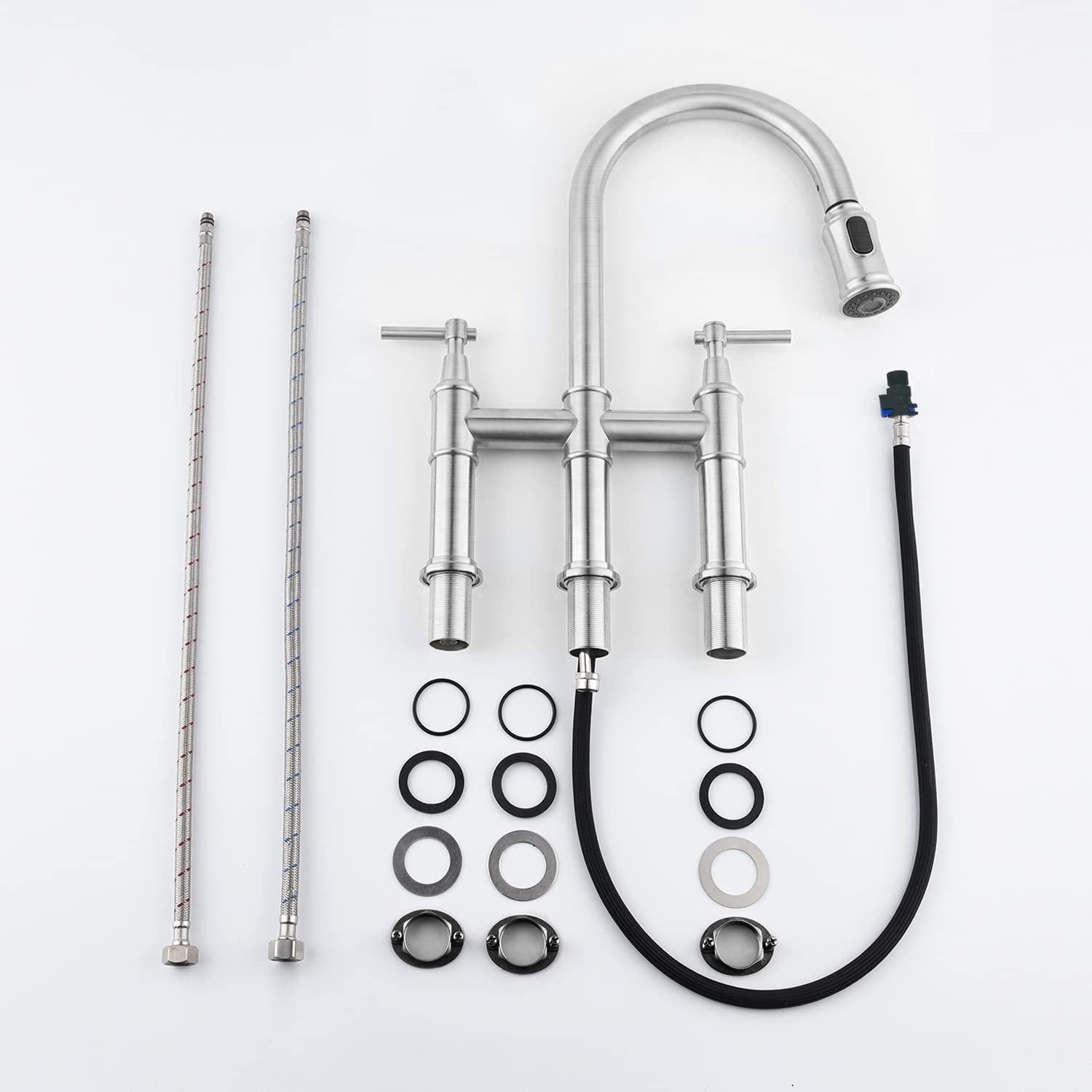 Modern 3-Hole Bridge Kitchen Faucet with Pull Down Sprayer - 2 Handle Swivel Spout Stainless Steel Sink Faucet (Brushed Nickel) - Perfect for Contemporary Kitchens, Restaurant Prep Areas & Home Renovations
