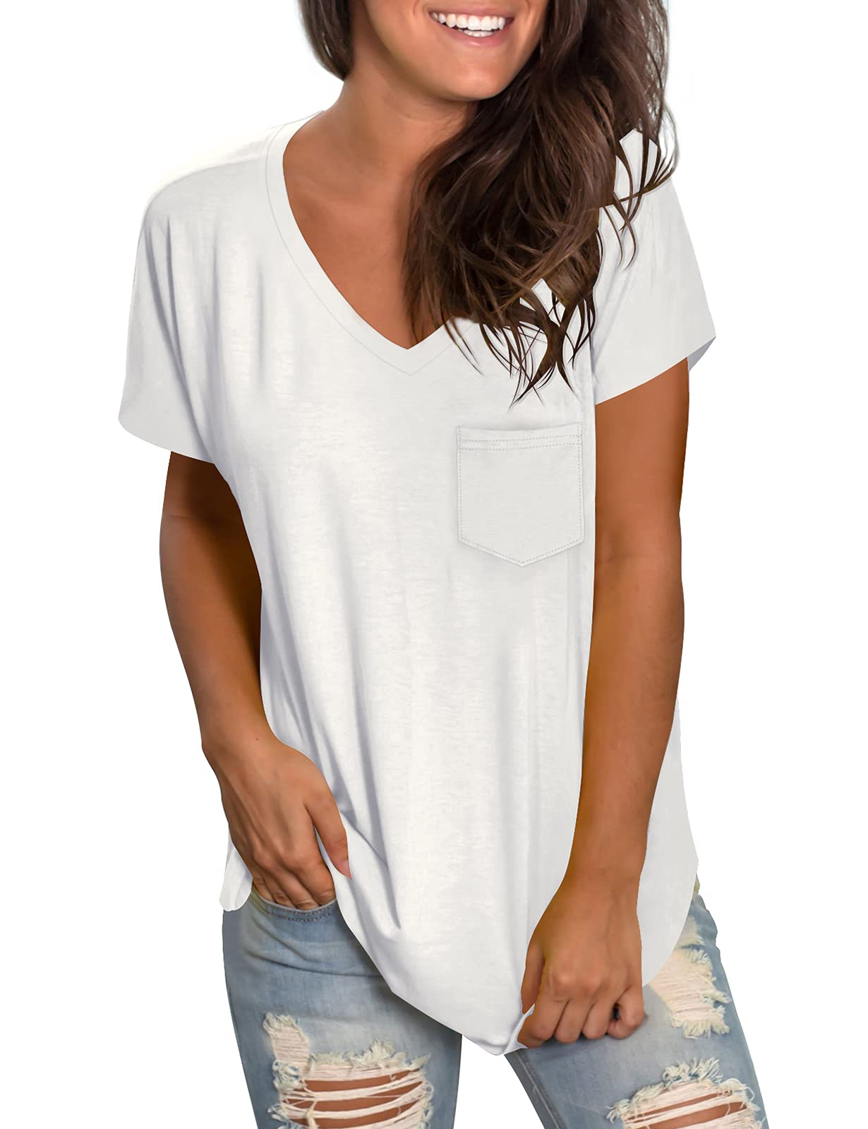 WEESO Women's V Neck Short Sleeve T-Shirts with Pocket, Drop Tail Hem, Relaxed Fit Casual Tee - Perfect for Everyday Wear, Work, and Weekend Outings