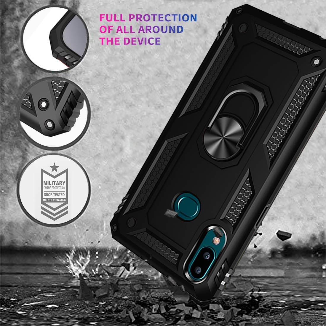 Military Grade Protective Case for Samsung Galaxy A10S with Magnetic Car Mount & Kickstand - Shockproof Defender Cover for Everyday Use, Commuting, and Hands-Free Driving (Black)