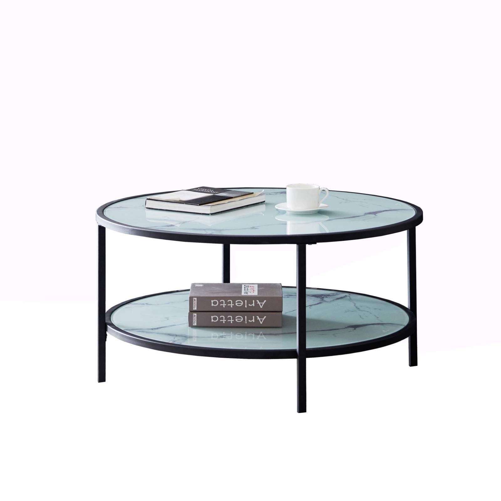 Modern Simple Glass Coffee Table with Marble Surface - Double-Layer Shelf End Table with Large Storage Space (35.43