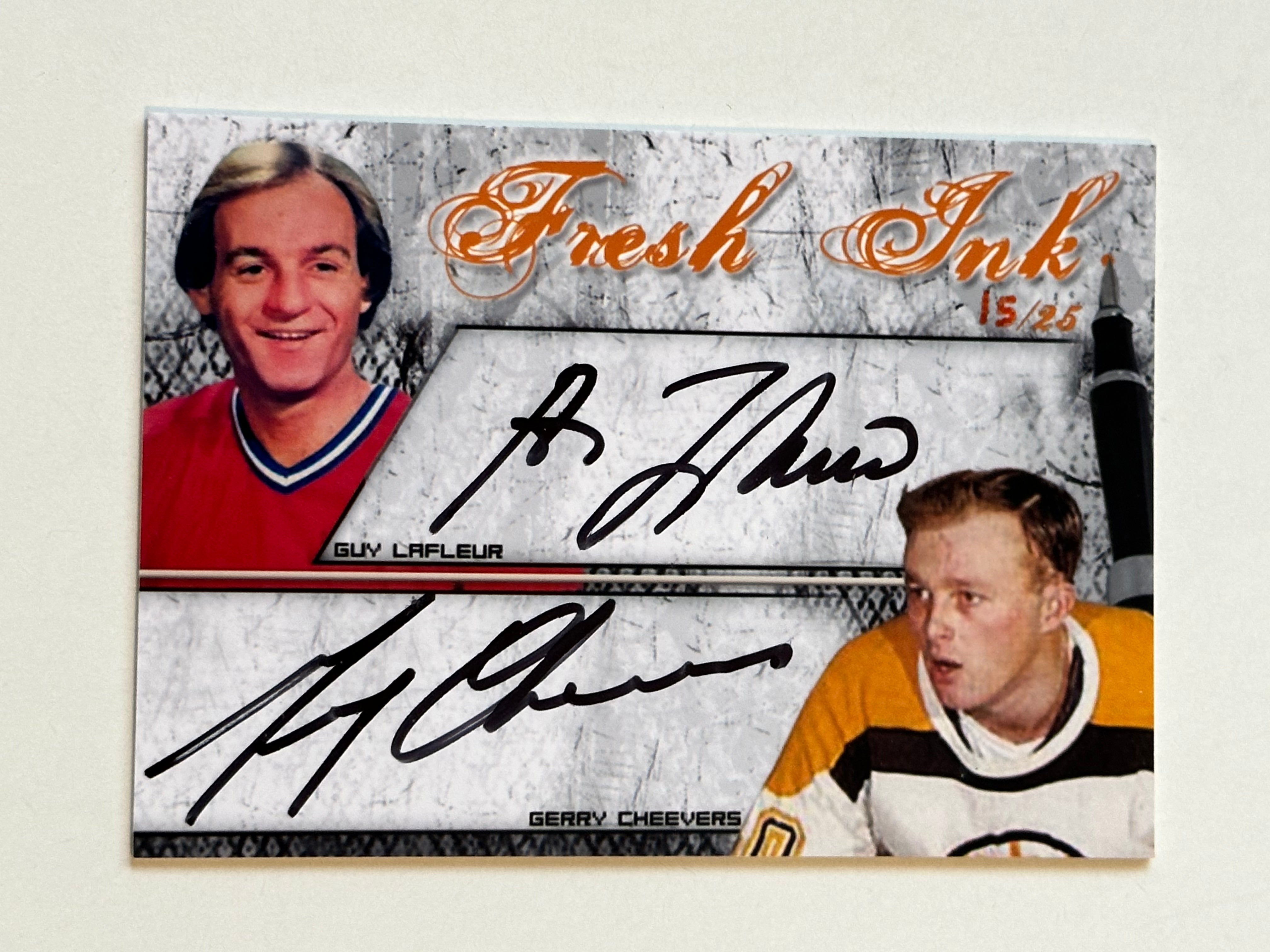 Rare Guy LaFleur & Gerry Cheevers Dual Autograph Hockey Legends Card #15/25 - Limited Edition Collectible for NHL Memorabilia Fans & Sports Card Investors