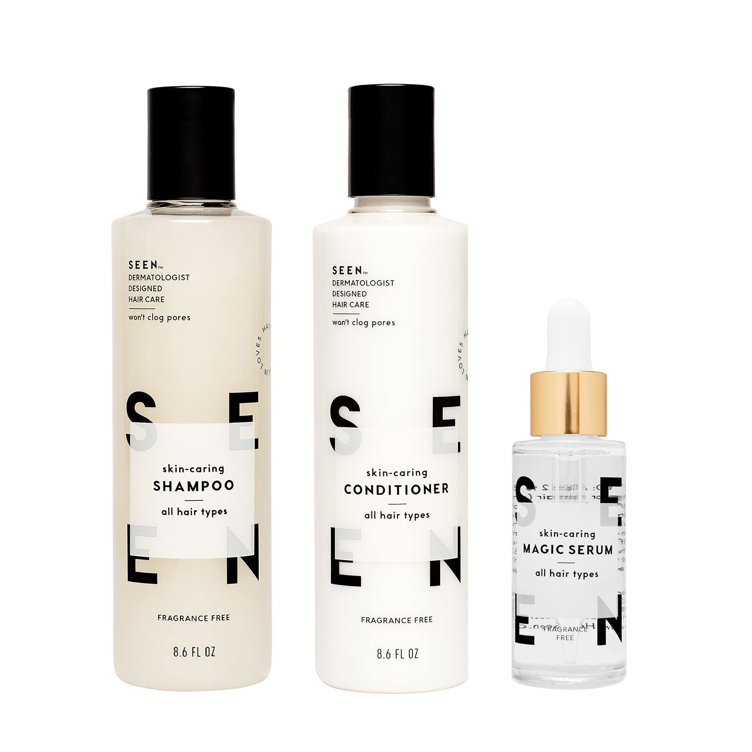 SEEN Magic Serum, Shampoo & Conditioner Set - Fragrance Free, Sulfate-Free & Non-Comedogenic Hair Care Bundle - Dermatologist Developed for Sensitive & Eczema Prone Skin - Perfect for Daily Use & Color-Treated Hair