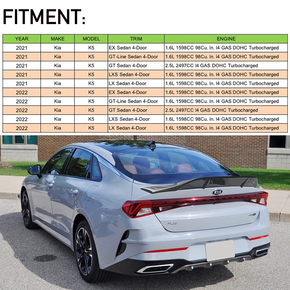 Carbon Fiber Look Rear Trunk Spoiler for 2021-2023 KIA K5 Optima - Highkick Style Duckbill Spoiler Wing - Enhances Aerodynamics & Sporty Appearance - Perfect for Car Enthusiasts & Street Racing Style
