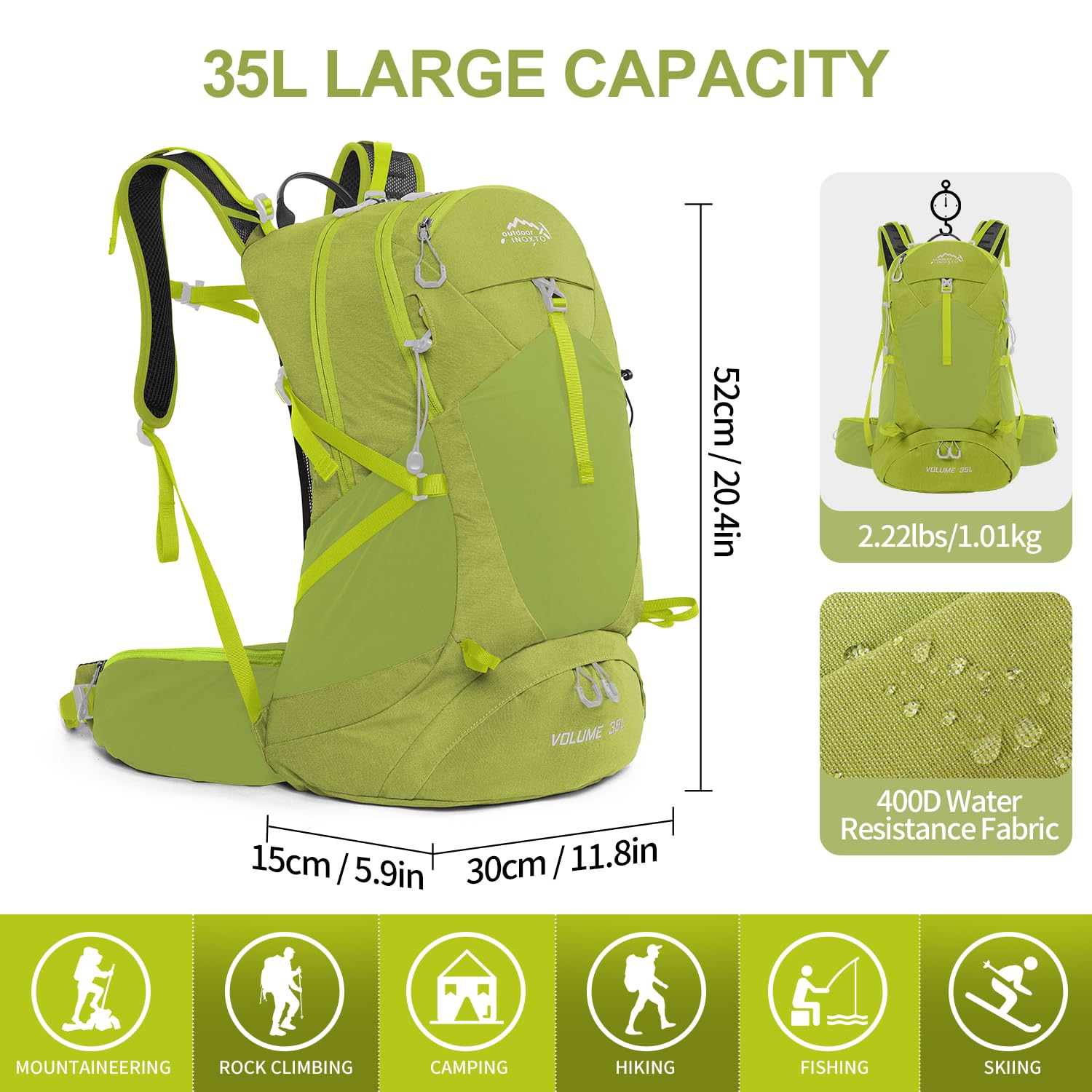 **35L Waterproof Hiking Backpack with 3L Hydration Bladder & Rain Cover - Lightweight Daypack for Camping, Trekking & Outdoor Adventures - Durable Travel Backpack for Men & Women (Fruit Green)**    **Usage Scenarios:** Perfect for day hikes, camping trips, mountain climbing, travel, and outdoor sports.