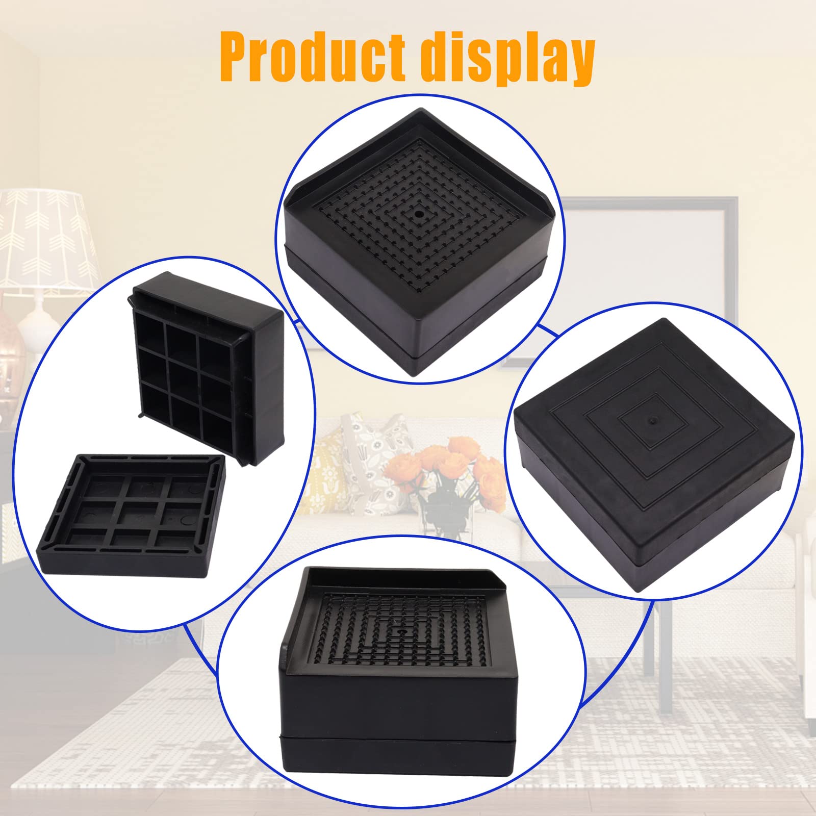 1.5 Inch Heavy Duty Adjustable Bed Risers for Furniture - Stackable Square Couch & Chair Lift Risers for Beds, Desks, Sofas (4 Pack, Black) - Perfect for Small Space Organization & Home Office Setup