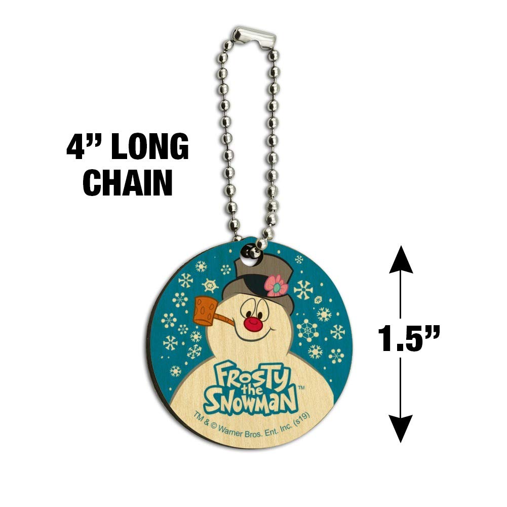 Frosty the Snowman Snowing Wooden Round Keychain - Christmas Holiday Gift & Decorative Key Ring for Winter Accessories