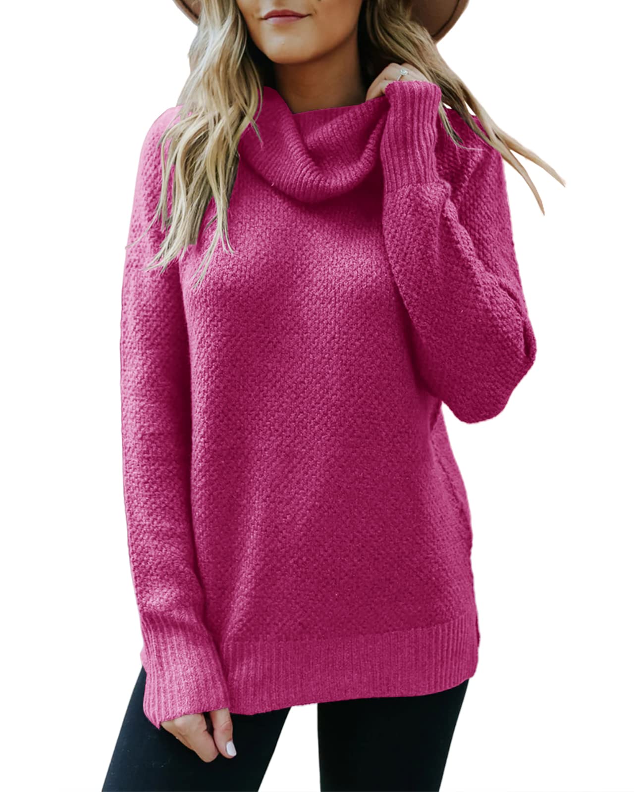 Women's Chunky Knit Turtle Neck Pullover Sweater - Waffle Knit Long Sleeve Loose Tunic Top with Side Slit & Drop Shoulder Design | Casual Winter Wear, Office Outfit, Coffee Date & Weekend Lounge