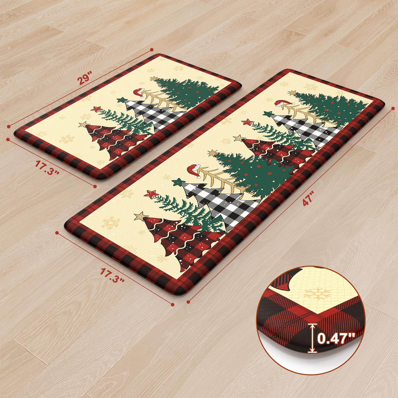KIMODE Christmas Tree Kitchen Rugs - 2-Piece Anti-Fatigue Memory Foam Floor Mats for Kitchen, Office & Laundry - Non-Slip Standing Desk Mats (17
