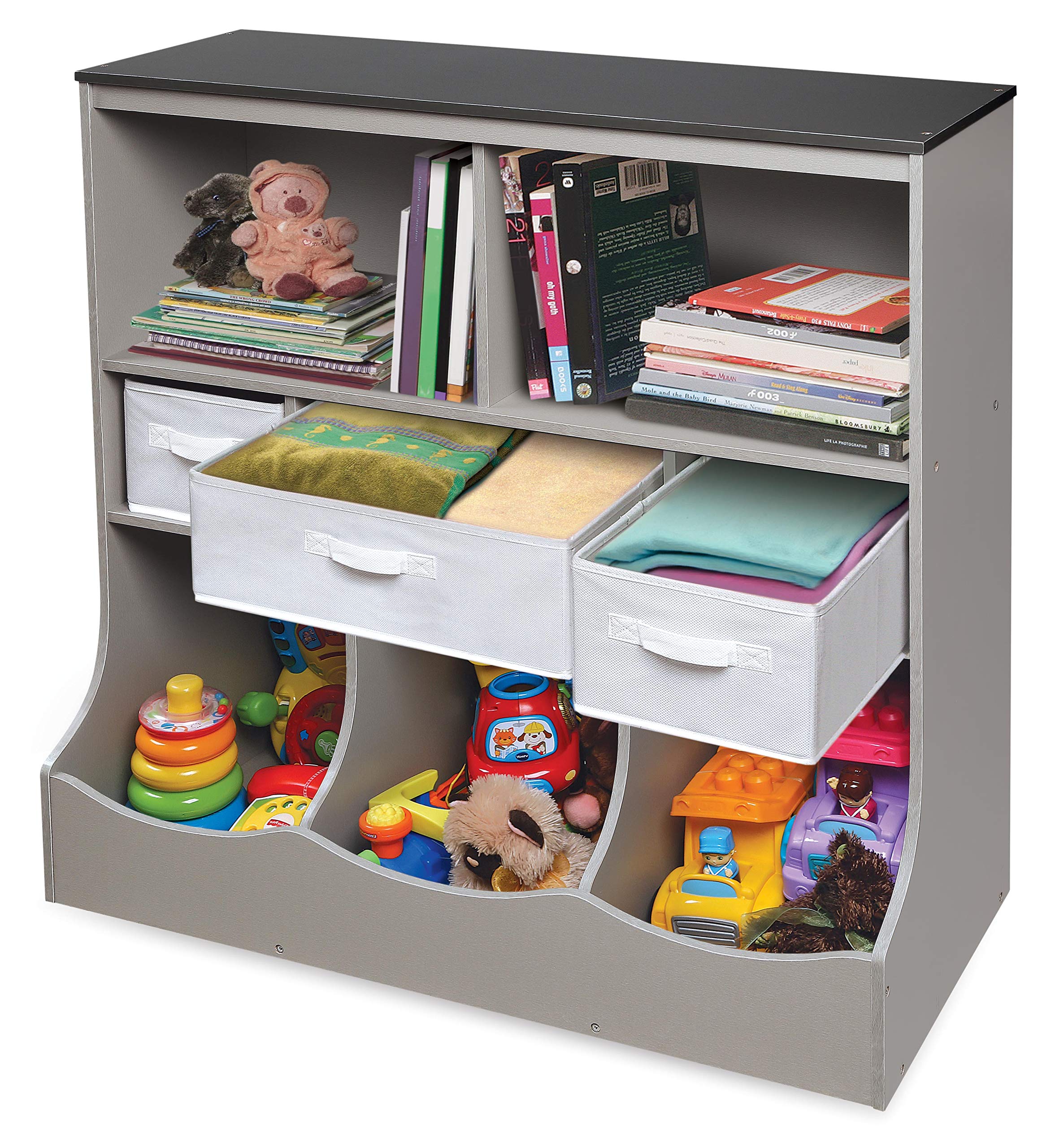 Badger Basket Combo Bin Toy Storage Unit & Book Shelf for Kids with 3 Bins - Woodgrain Gray | Kids Room Organization, Nursery Storage, Playroom Decor