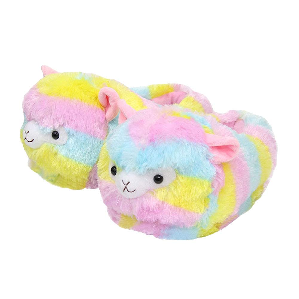 Warm Fuzzy Alpaca Slippers for Women - Soft Plush Animal House Shoes with Heel Cover in Rainbow Colors | Cozy Indoor Footwear for Winter, Lounge Wear & Gift Ideas