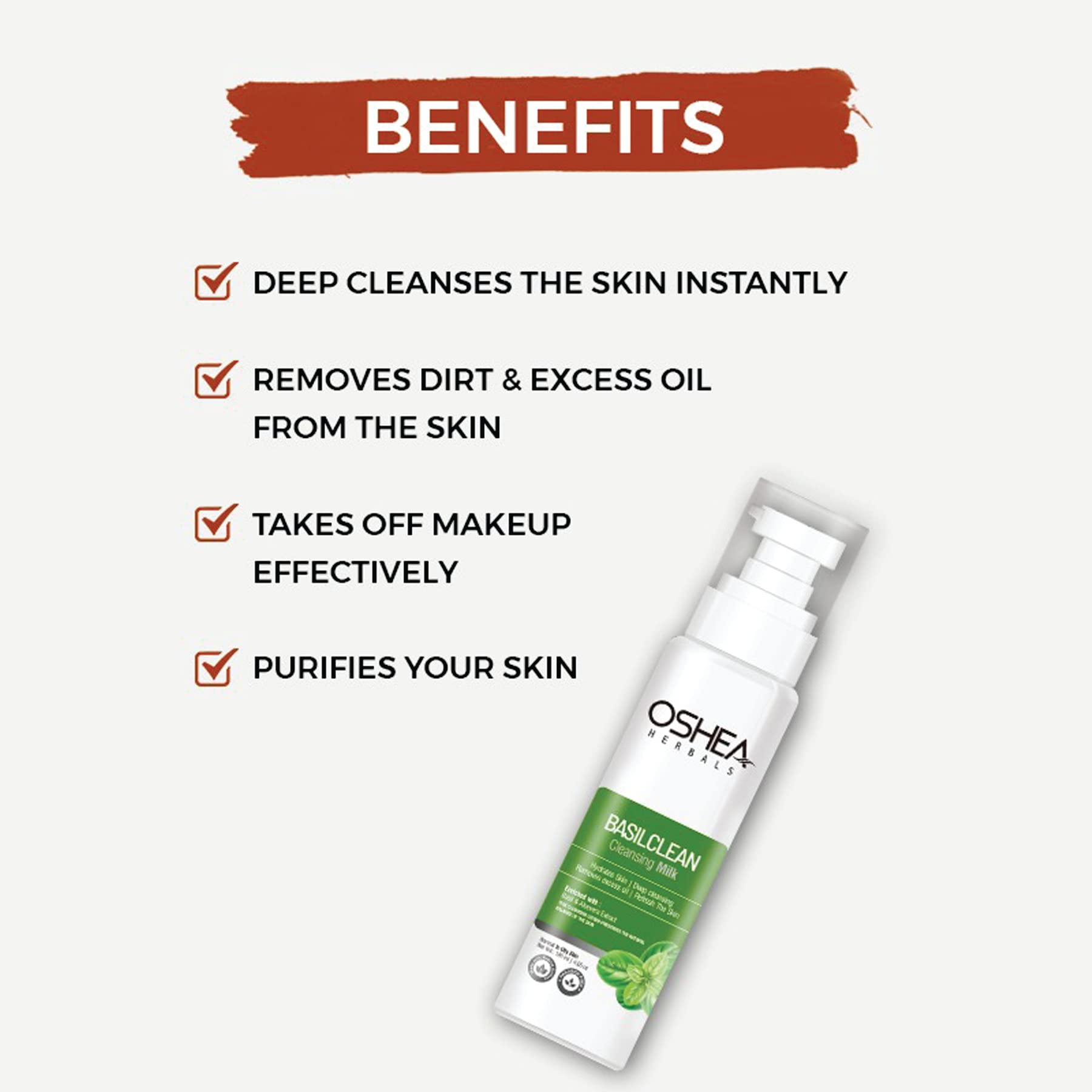 Oshea Herbals Basilclean Cleansing Milk for Normal to Oily Skin - Oil Control & Hydrating Face Wash with Aloe Vera & Basil Extracts (120ml) | Gentle Daily Cleanser for Acne-Prone & Combination Skin | Perfect for Morning & Night Skincare Routine