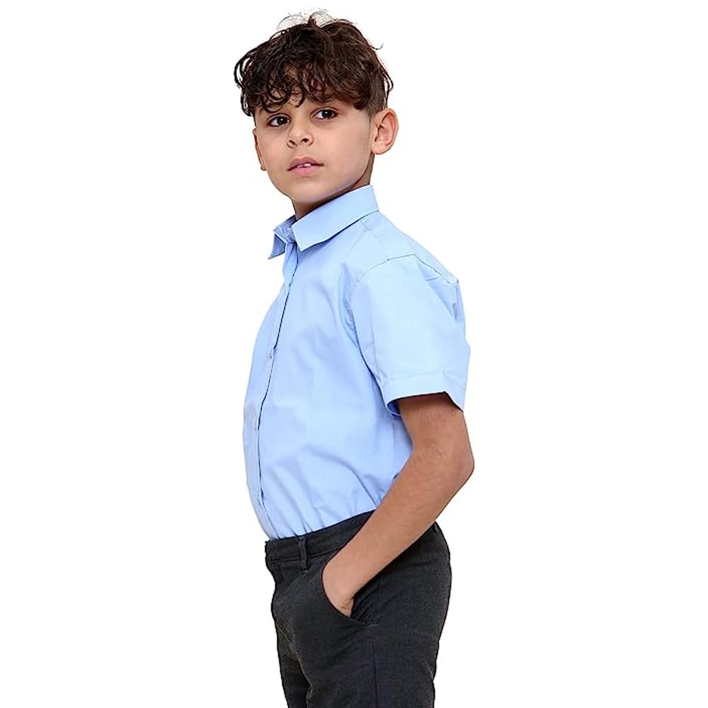 KHIM Boys' Dress Shirts for School - Short & Long Sleeve White & Blue Formal Shirts for Kids Ages 5-16 | Perfect for Class, Church & Special Occasions